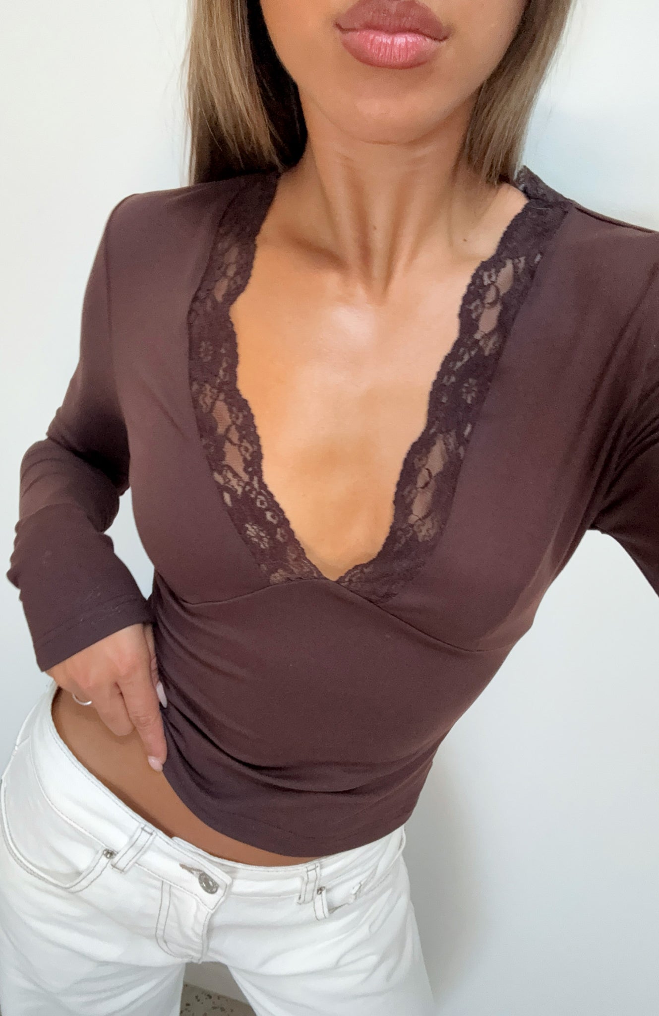Knew That All Along Lace Trim Long Sleeve Top Chocolate | White