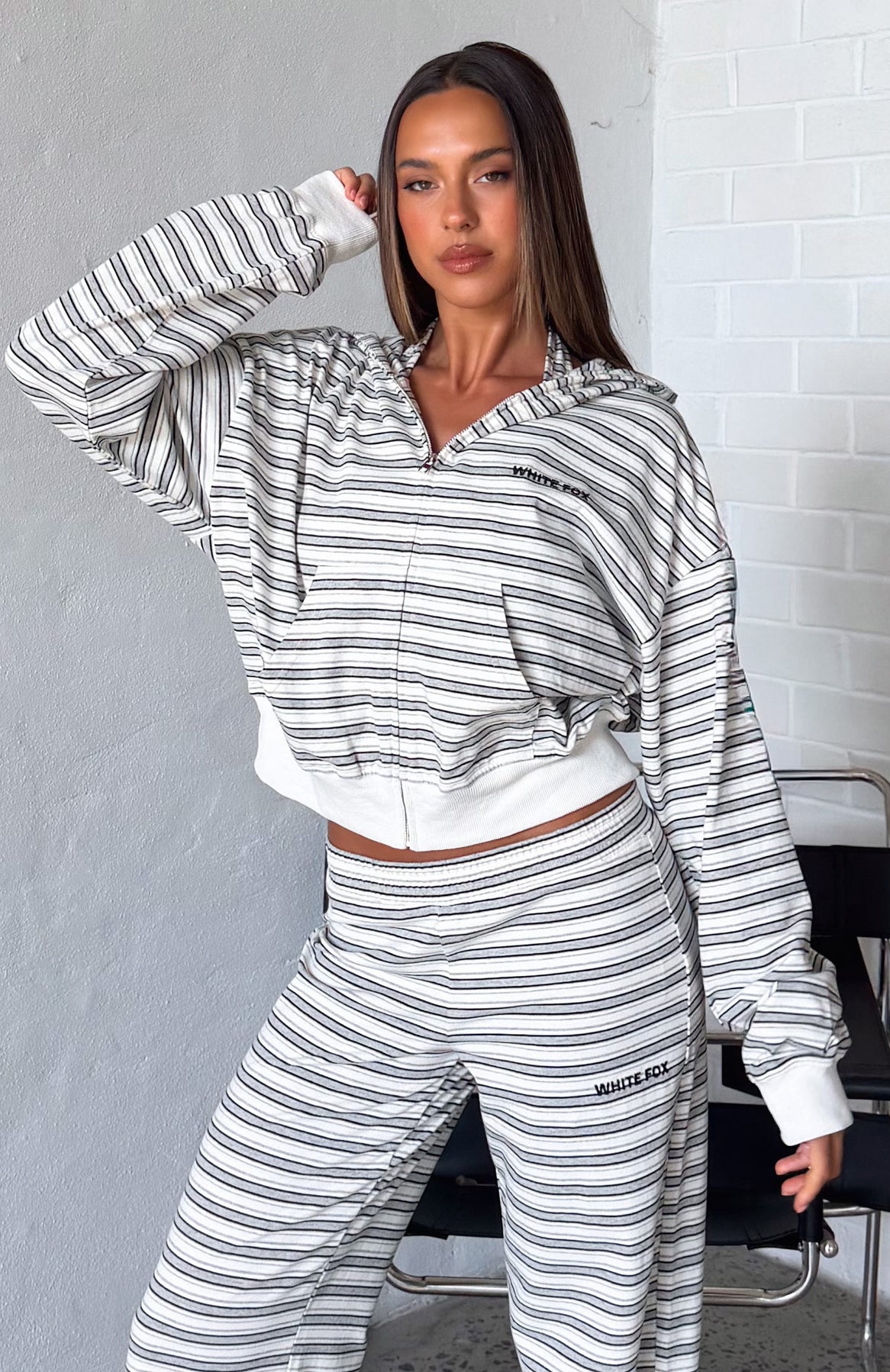 Looking Back Boxy Zip Front Hoodie White Stripe | White Fox
