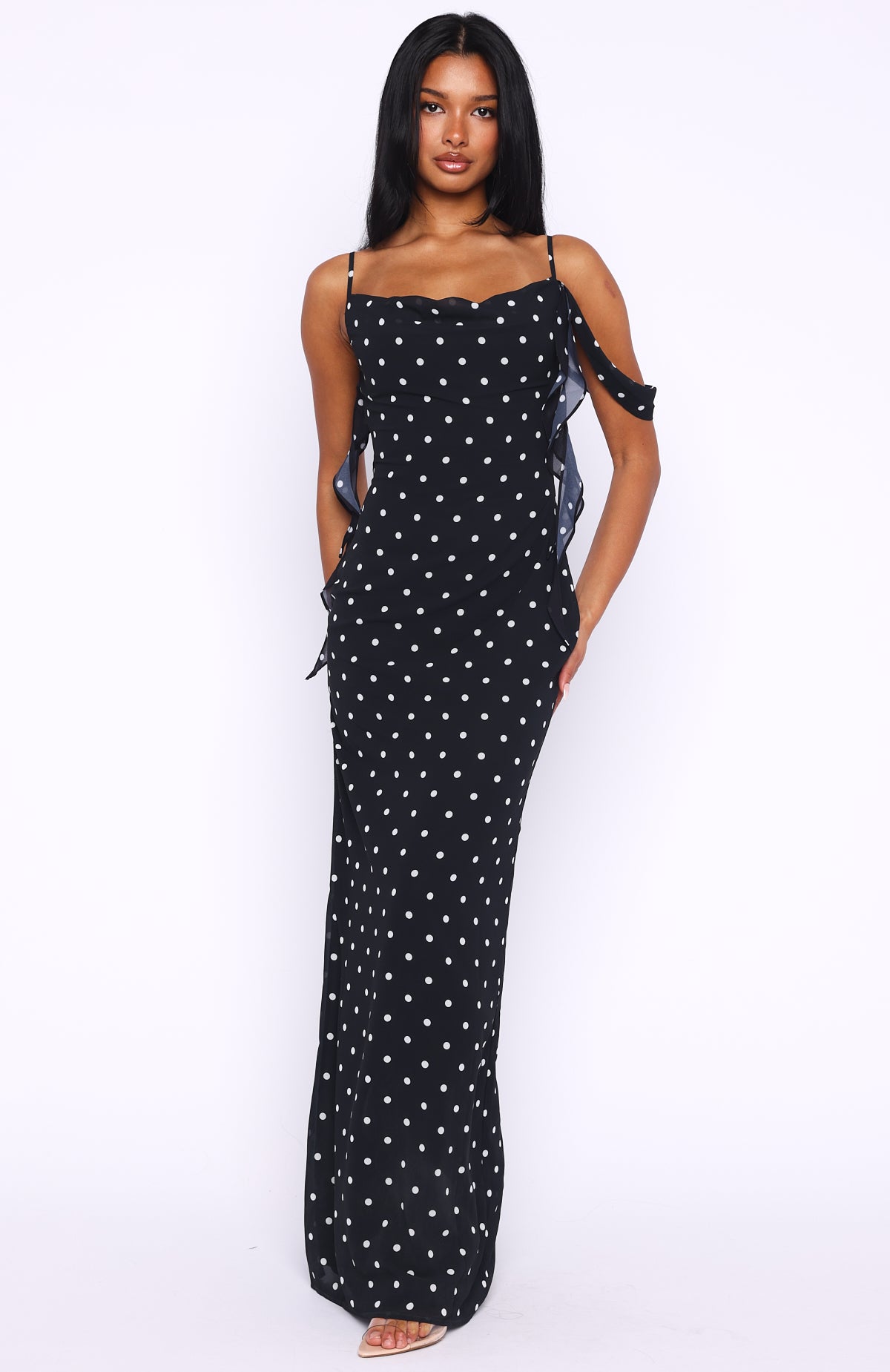 white and black polka dot maxi dress Chic Spotlight Polka Dot Halter Maxi Dress S / White main image 0