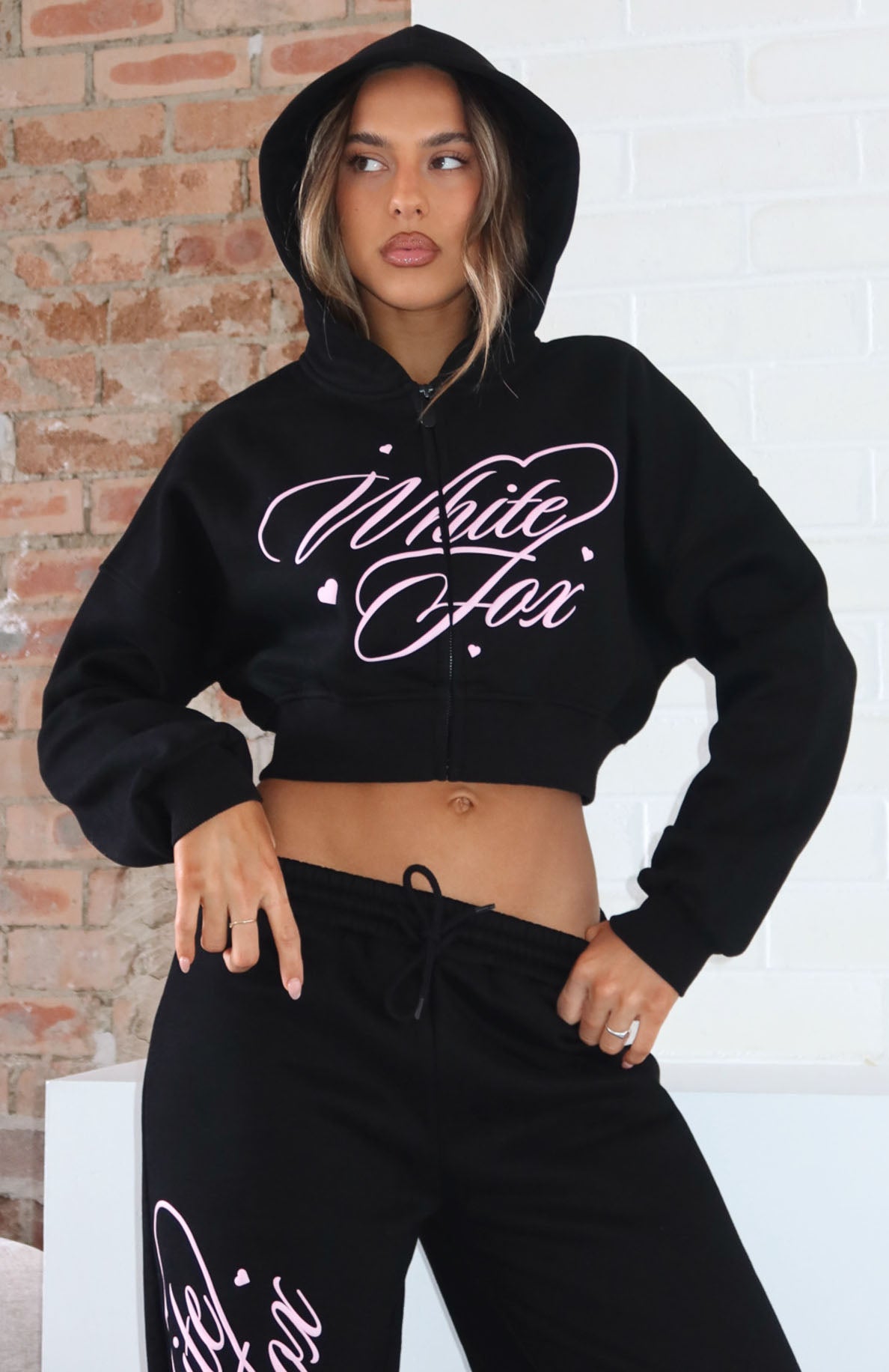 Love You Regardless Cropped Zip Front Hoodie Black | White Fox