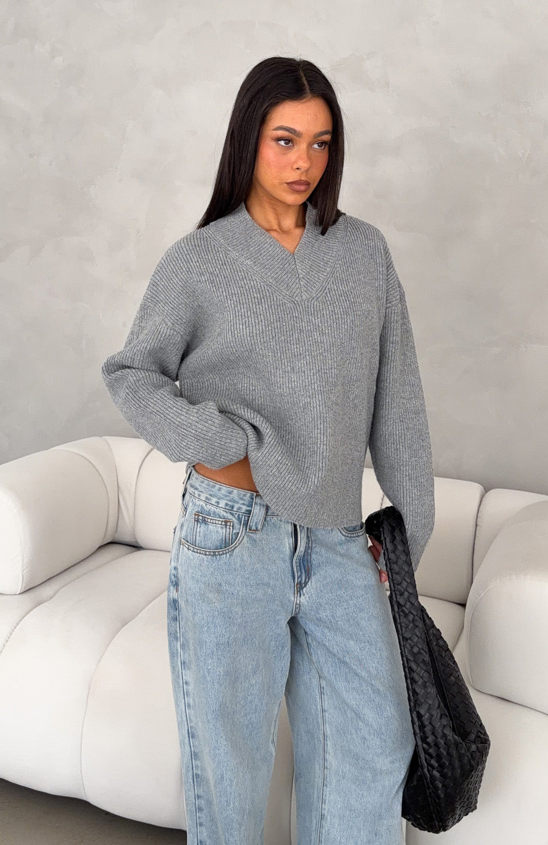 Luzia V Neck Knit Sweater Grey | White Fox Boutique US