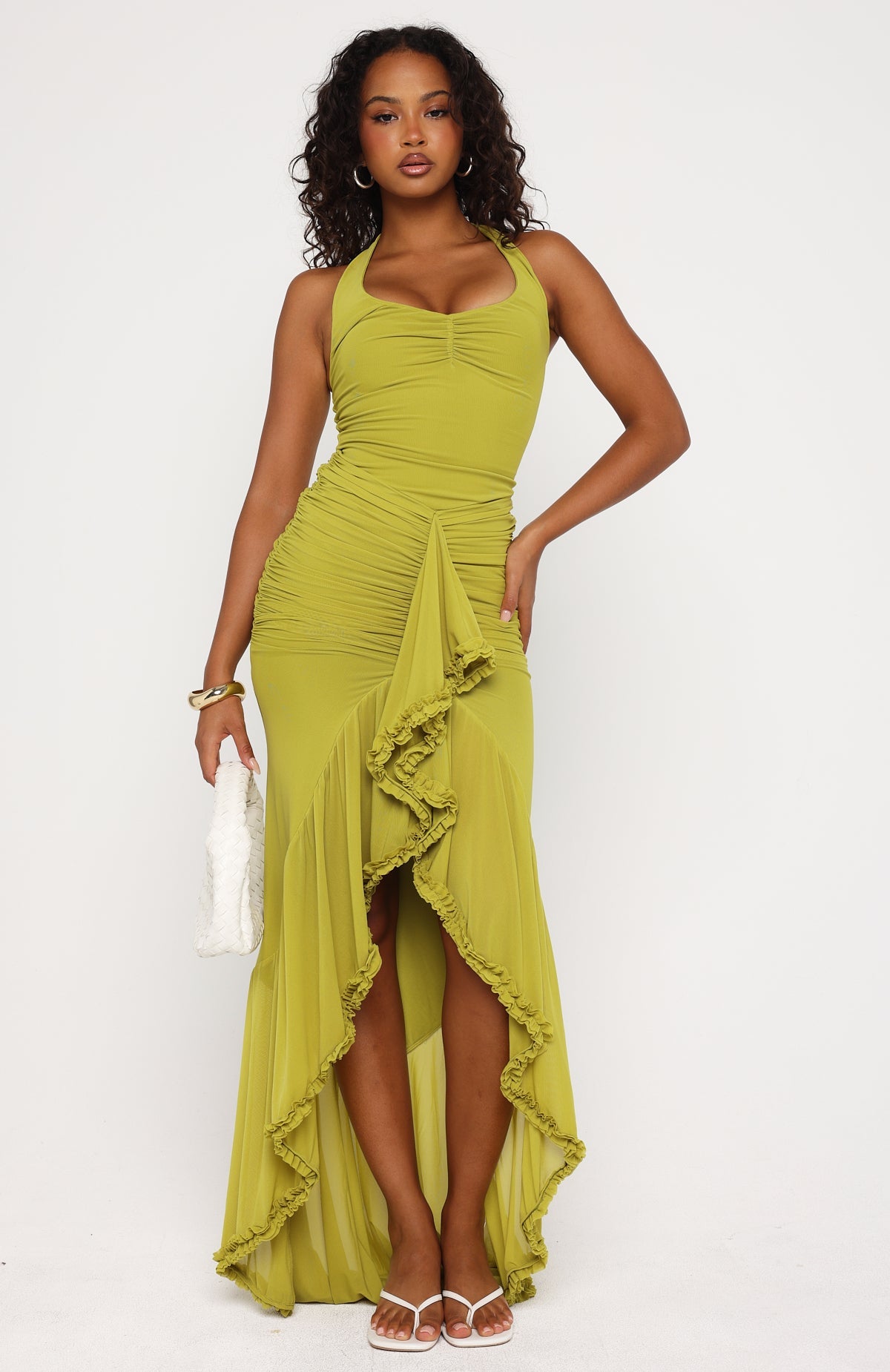 white fox green dress Main Character Energy Mesh Maxi Chartreuse Foundation A Single Breasted Jacket color:ecru out look.