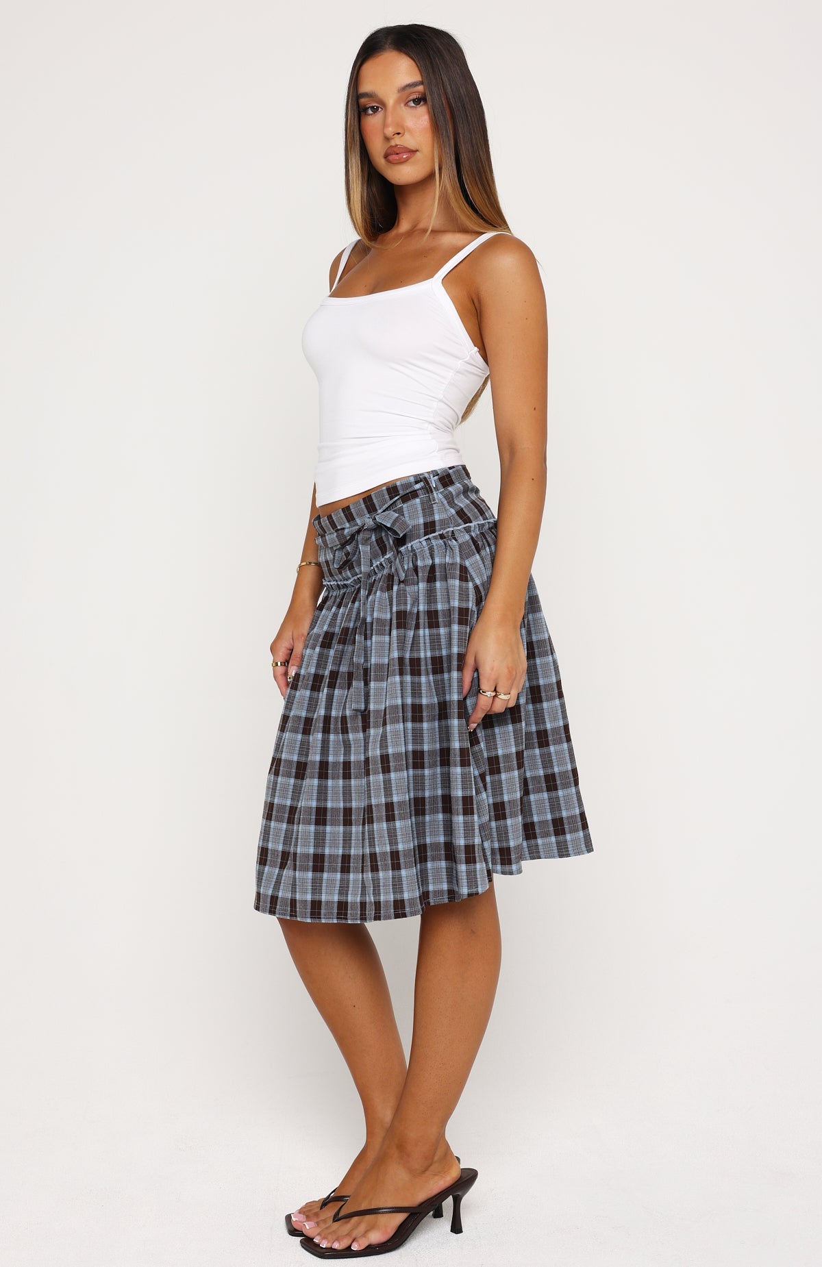 Make You Blush Midi Skirt Blue/Chocolate Check | White Fox Boutique US