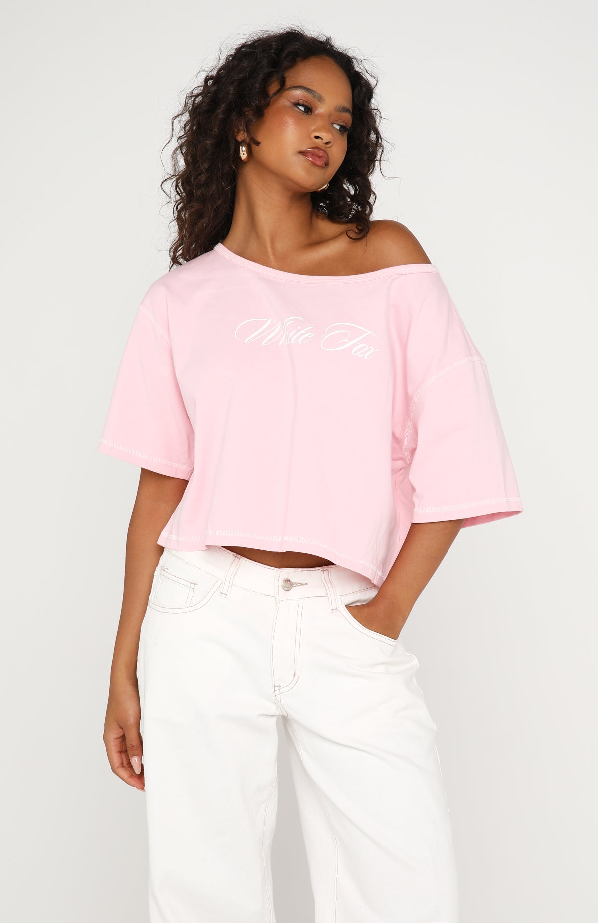 Need More Time Off Shoulder Oversized Tee Pink | White Fox Boutique US
