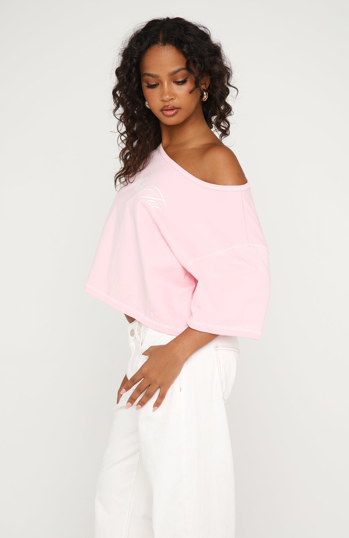 Need More Time Off Shoulder Oversized Tee Pink | White Fox Boutique US