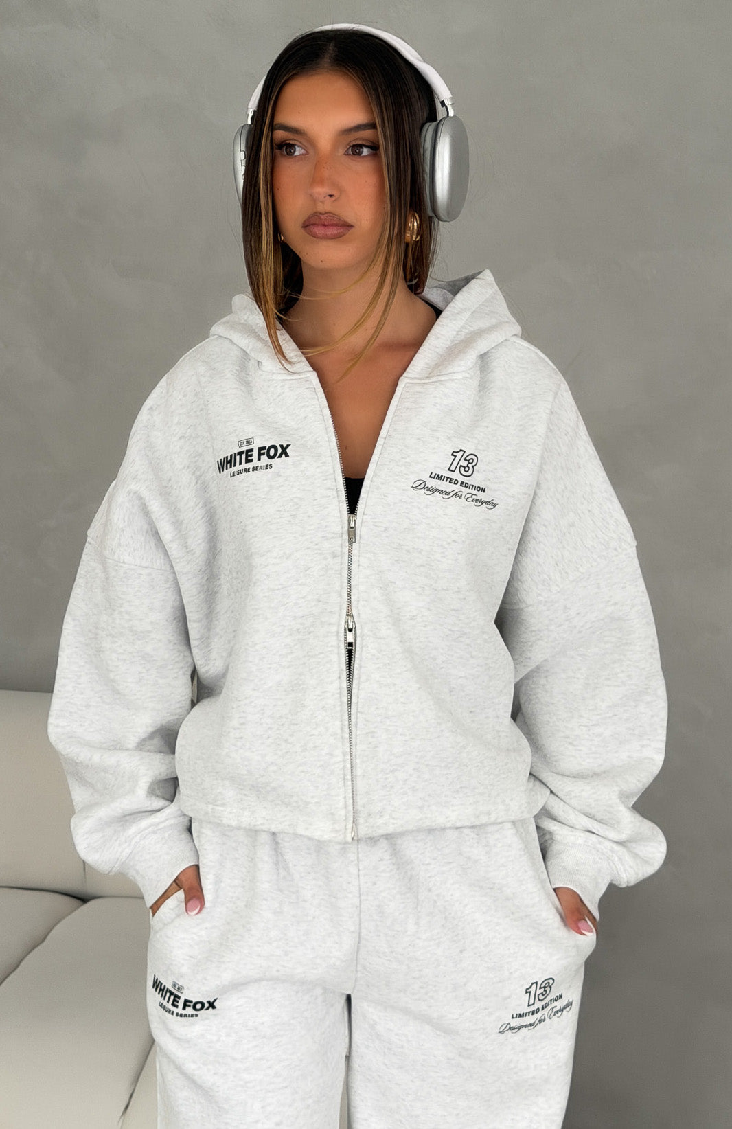 Never Missed Oversized Slouch Zip Front Hoodie Grey Marle | White