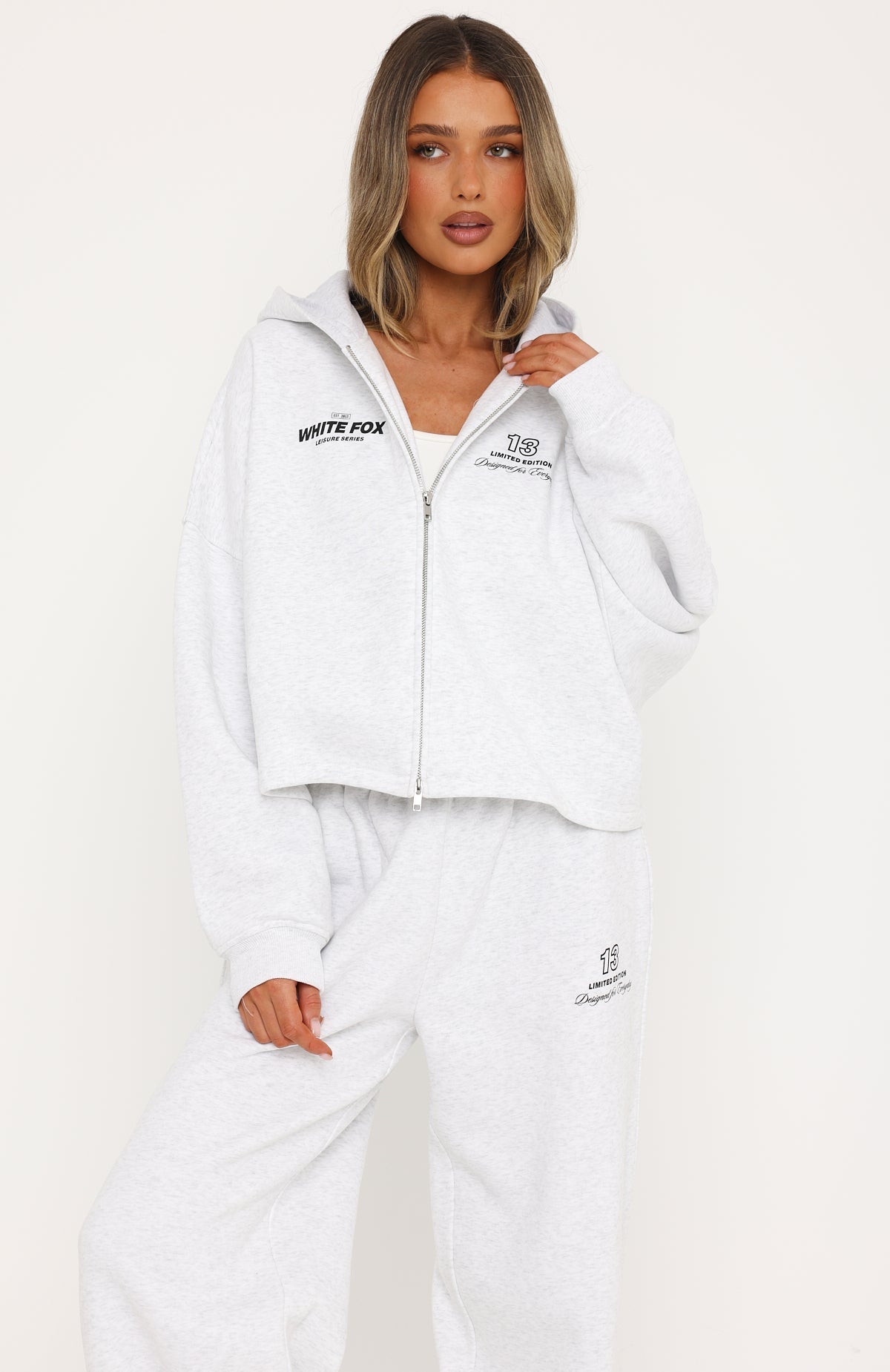 Never Missed Oversized Slouch Zip Front Hoodie Grey Marle | White