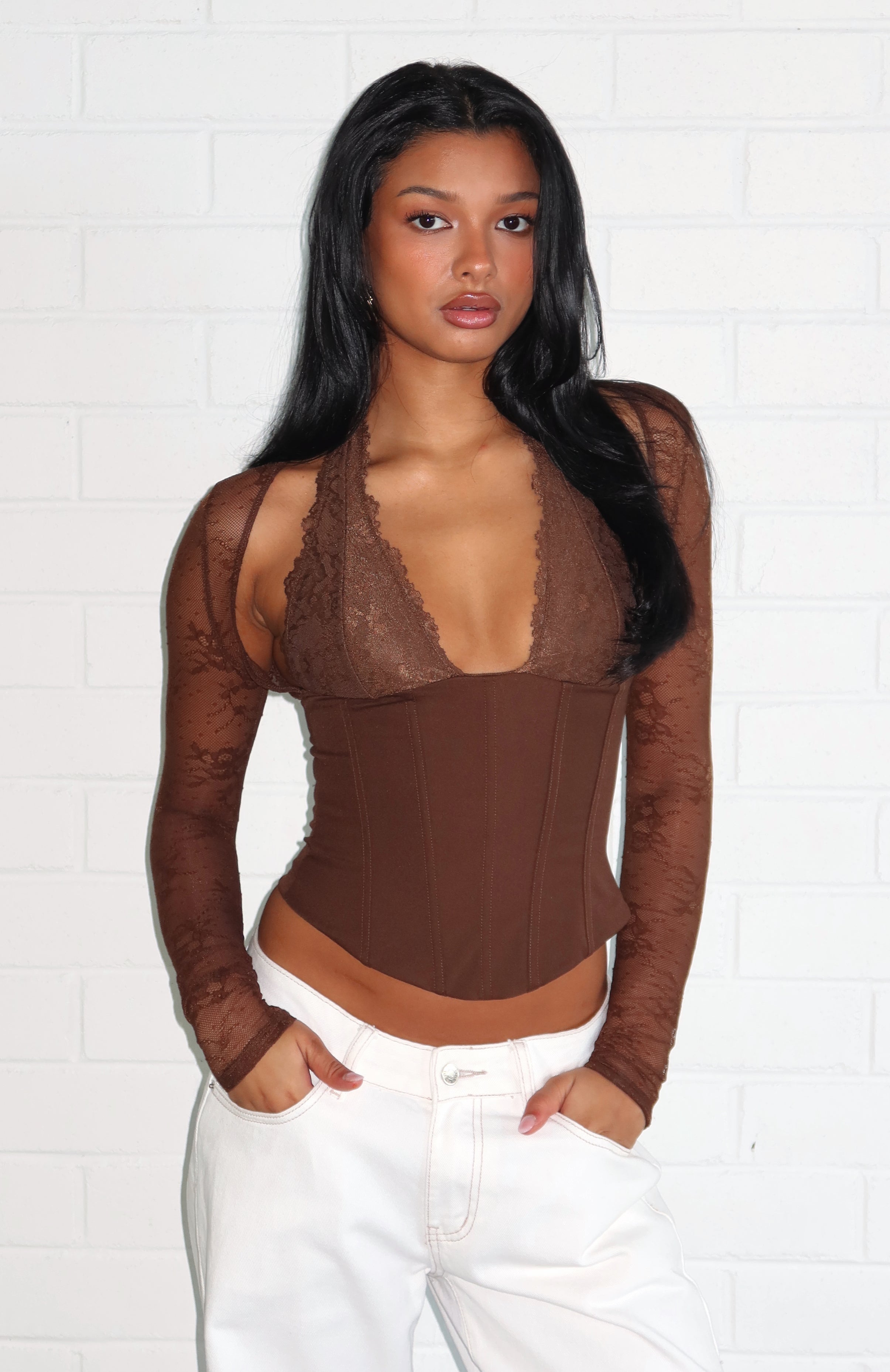 Never Walk Alone Long Sleeve Bustier Chocolate | White Fox Boutique US