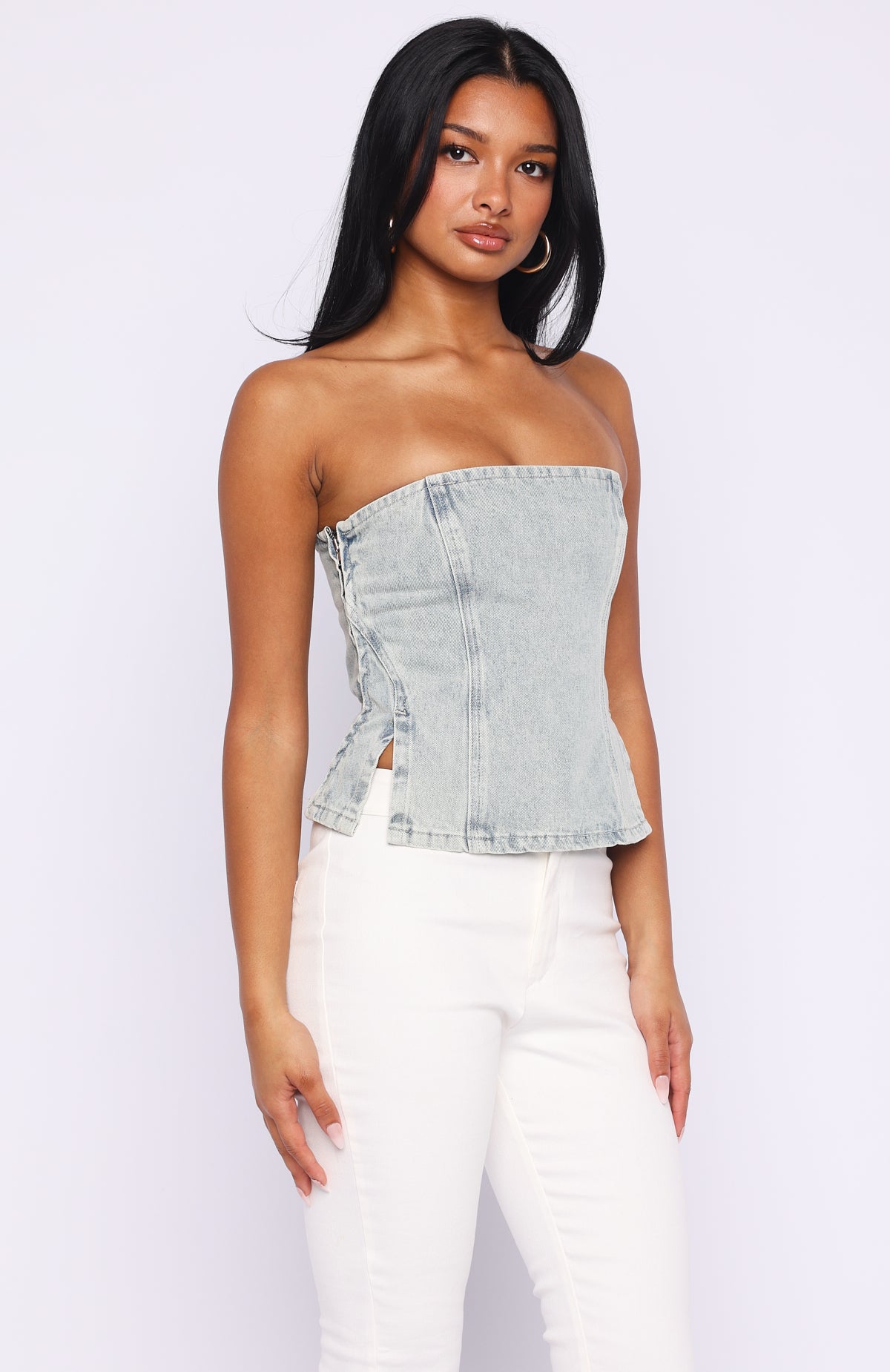 Not Listening Strapless Denim Top Light Blue Wash | White Fox
