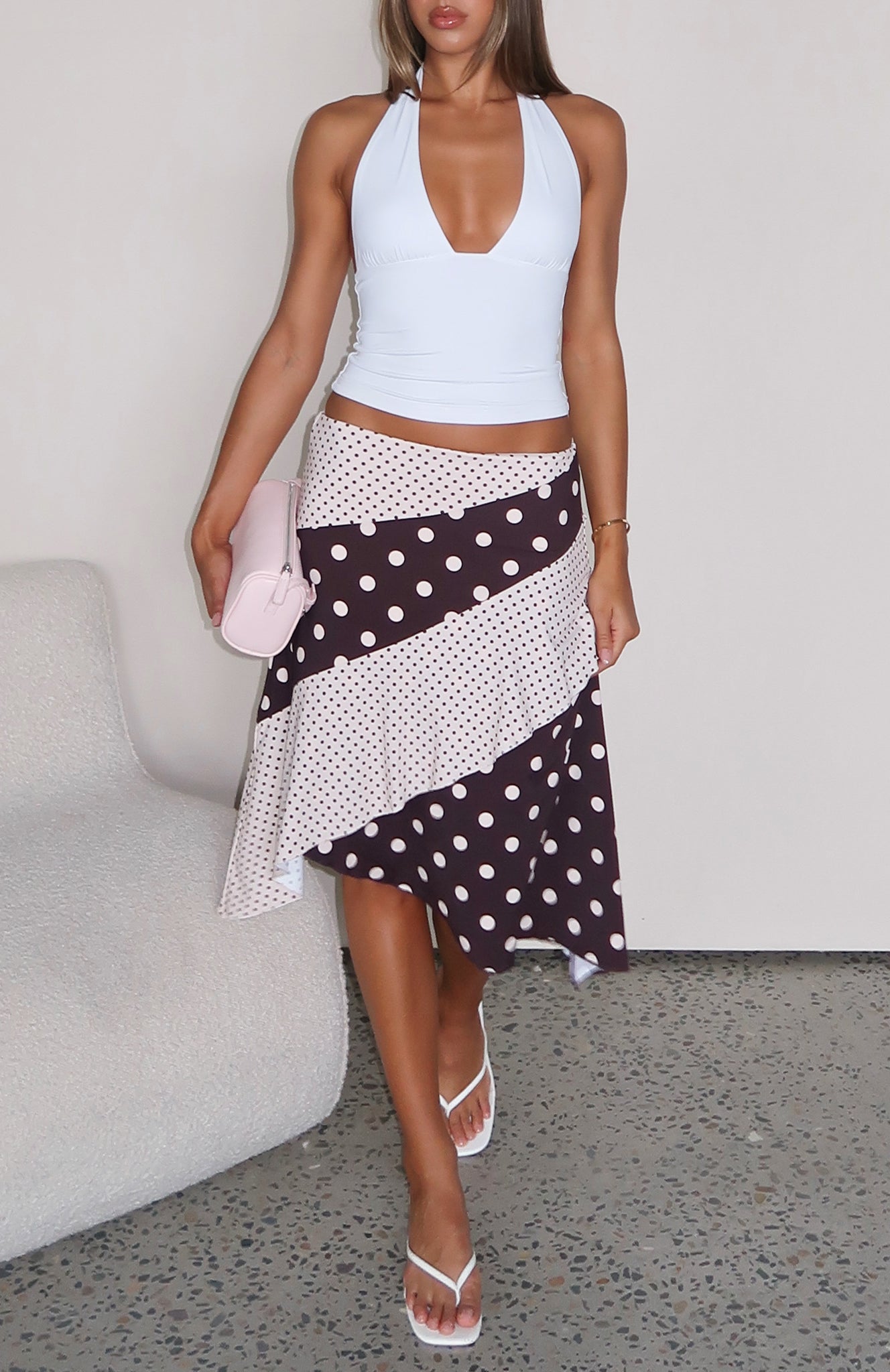 WHITE FOX Offline Forever Midi Skirt Choc/Cream Polka Dot