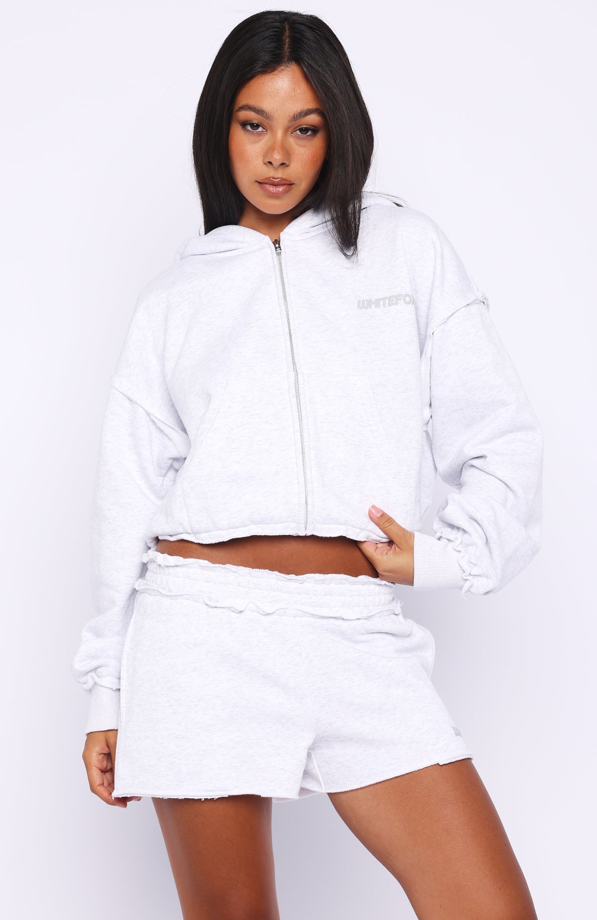 On My Own Terms Boxy Zip Front Hoodie Grey Marle | White Fox
