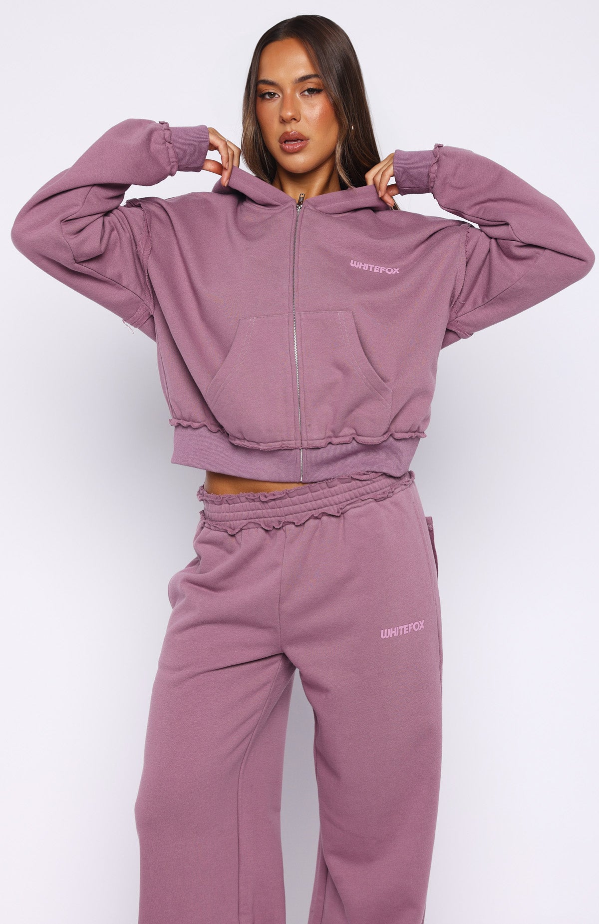 On My Own Terms Boxy Zip Front Hoodie Dusty Plum | White Fox