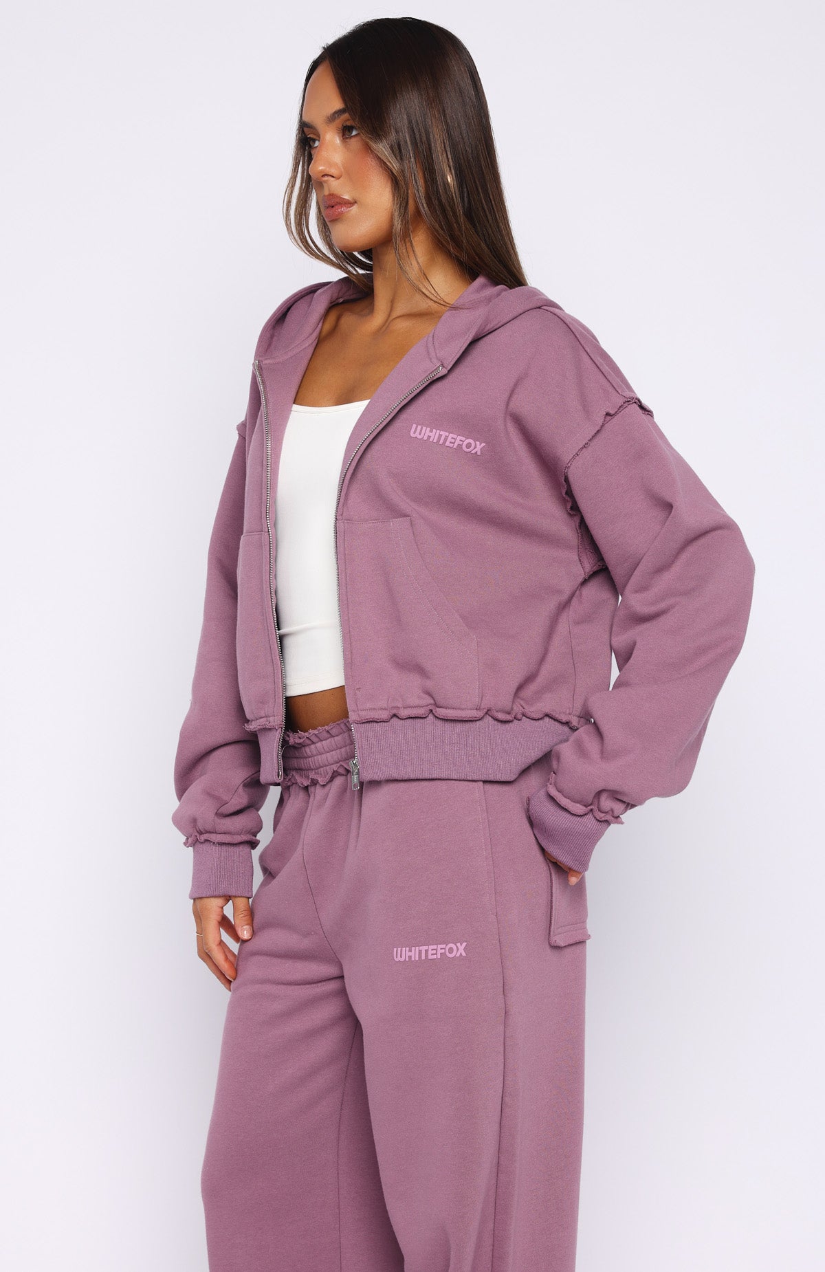 On My Own Terms Boxy Zip Front Hoodie Dusty Plum | White Fox