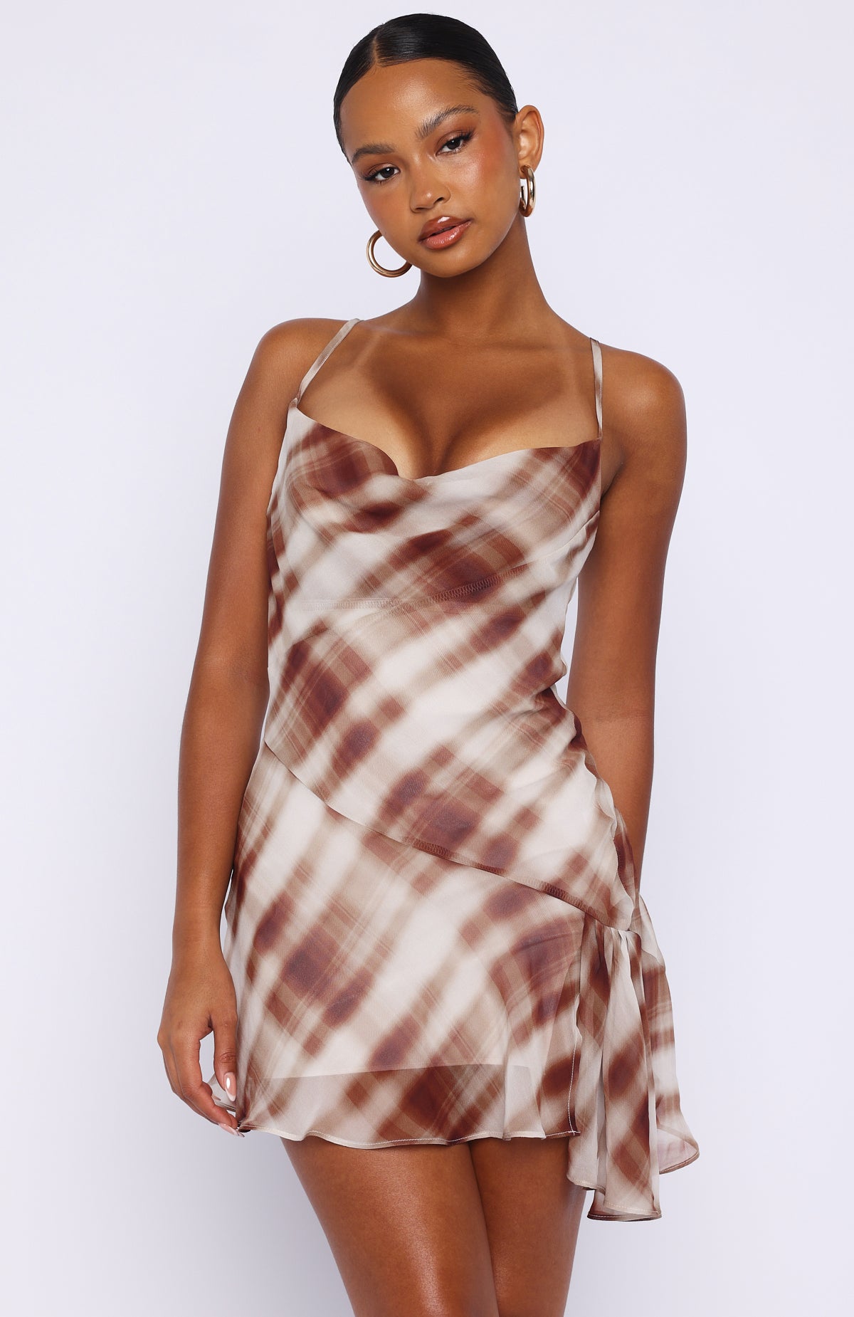 【andmary】Mimi check set mini dress brown Personal Touch Cami Mini Dress Chocolate Plaid | White Fox Boutique US