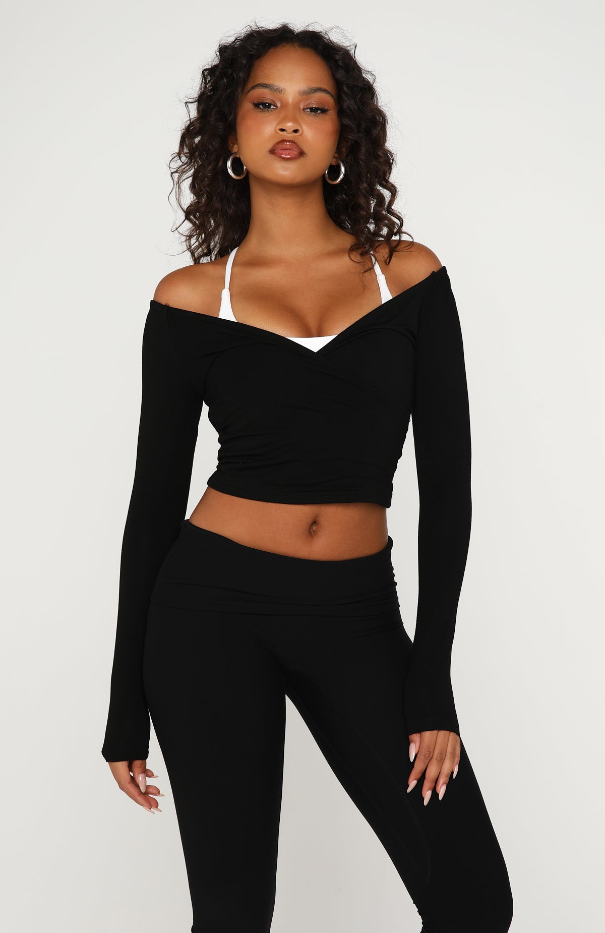 Power Princess Off Shoulder Long Sleeve Top Black | White Fox