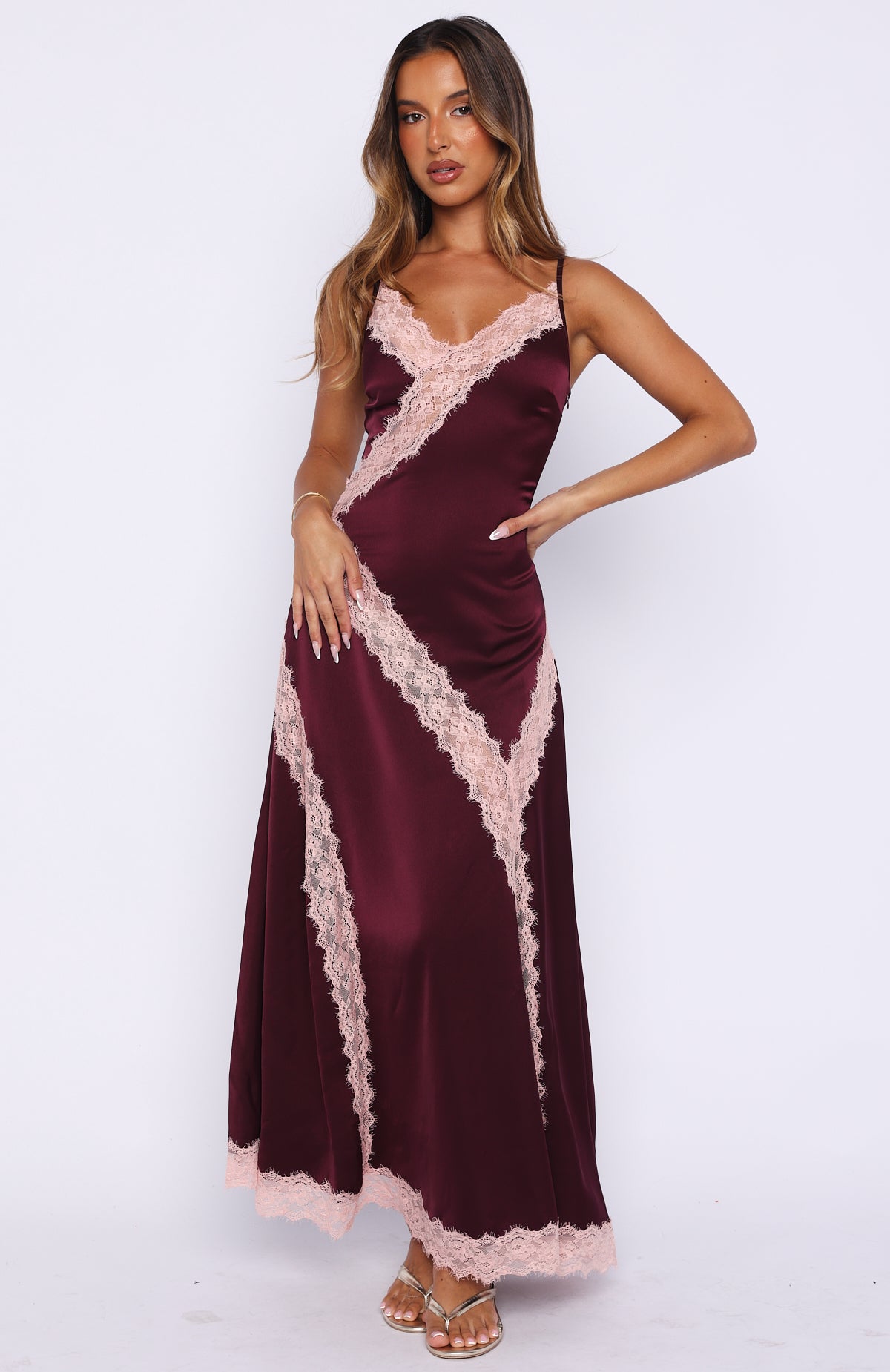 satin maxi dress purple Powerful Pose Satin Maxi Dress Plum/Baby Pink