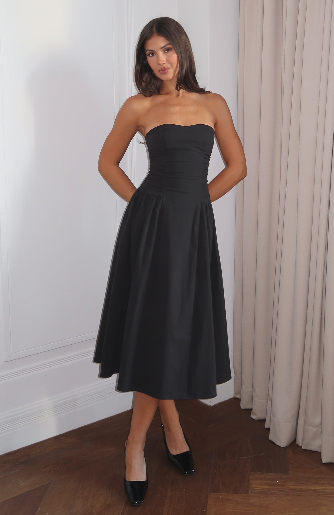 Rich In Love Strapless Midi Dress Black | White Fox Boutique US Rich In Love Strapless Midi Dress Black | White Fox Boutique US