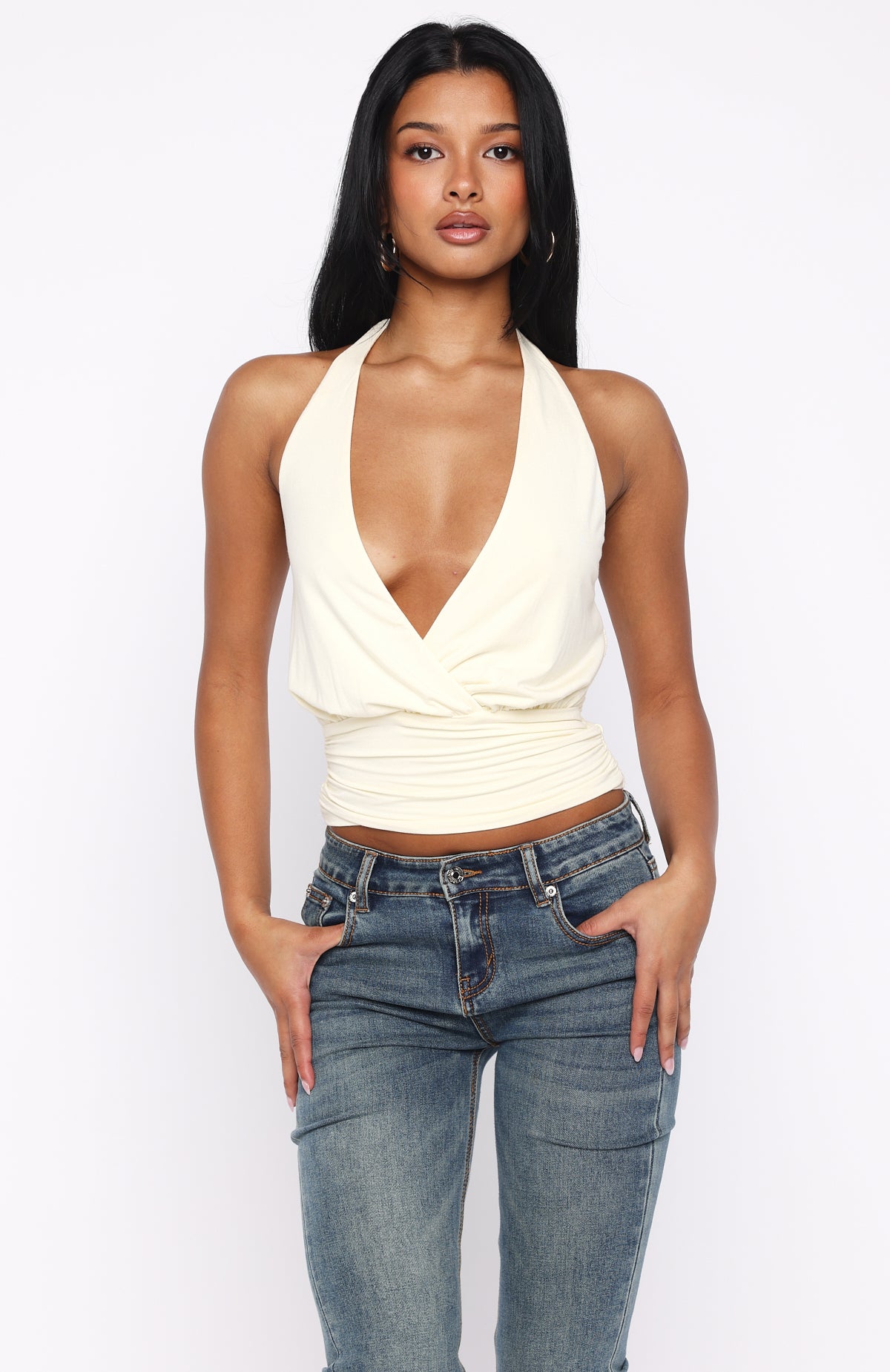 Show Stopping Cinched Waist Halter Top Cream | White Fox Boutique US