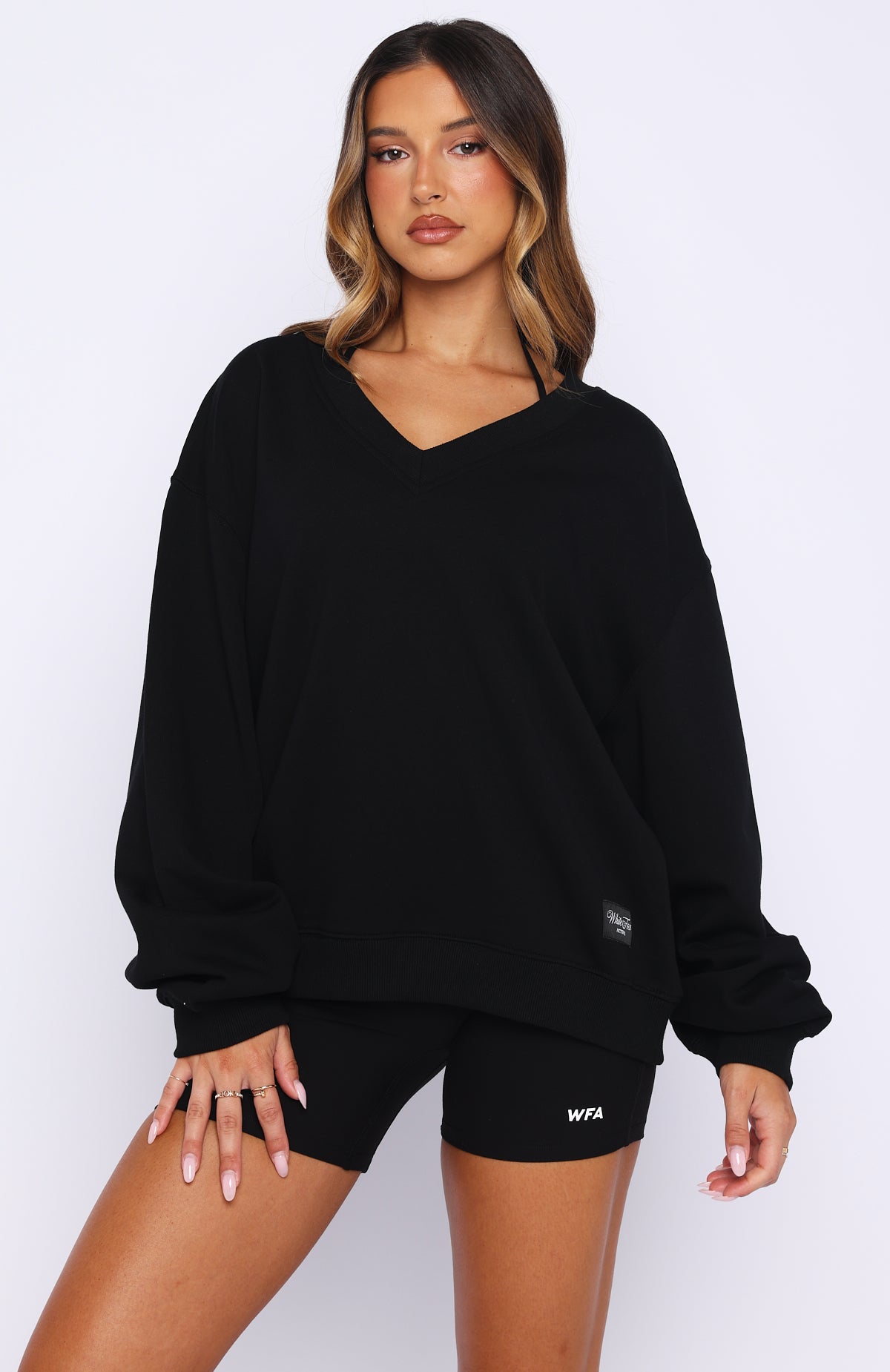 Shutting It Down V Neck Oversized Sweater Black | White Fox