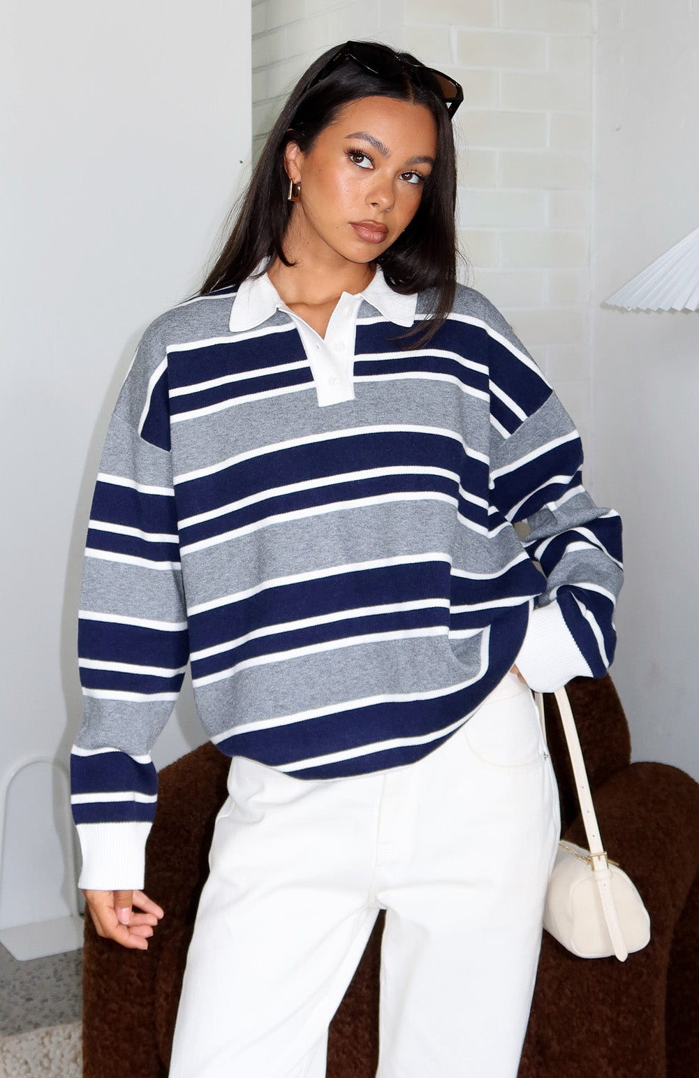 Soft Rewind Knit Sweater Navy Drift Stripe | White Fox Boutique US