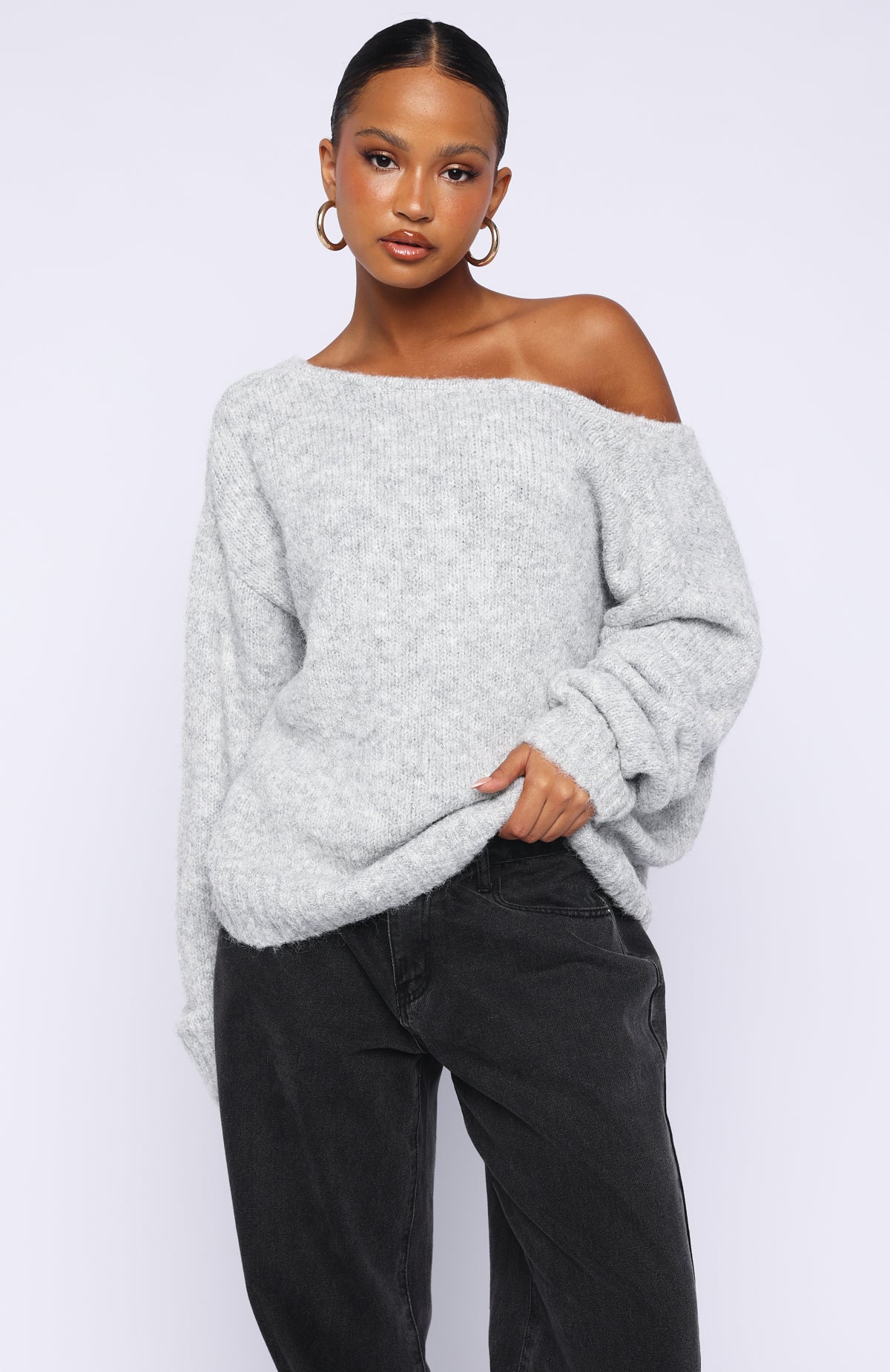 rough & swell セーター新品グレー　ストライプ柄 Softer Love Knit Sweater Grey Marle | White Fox Boutique US