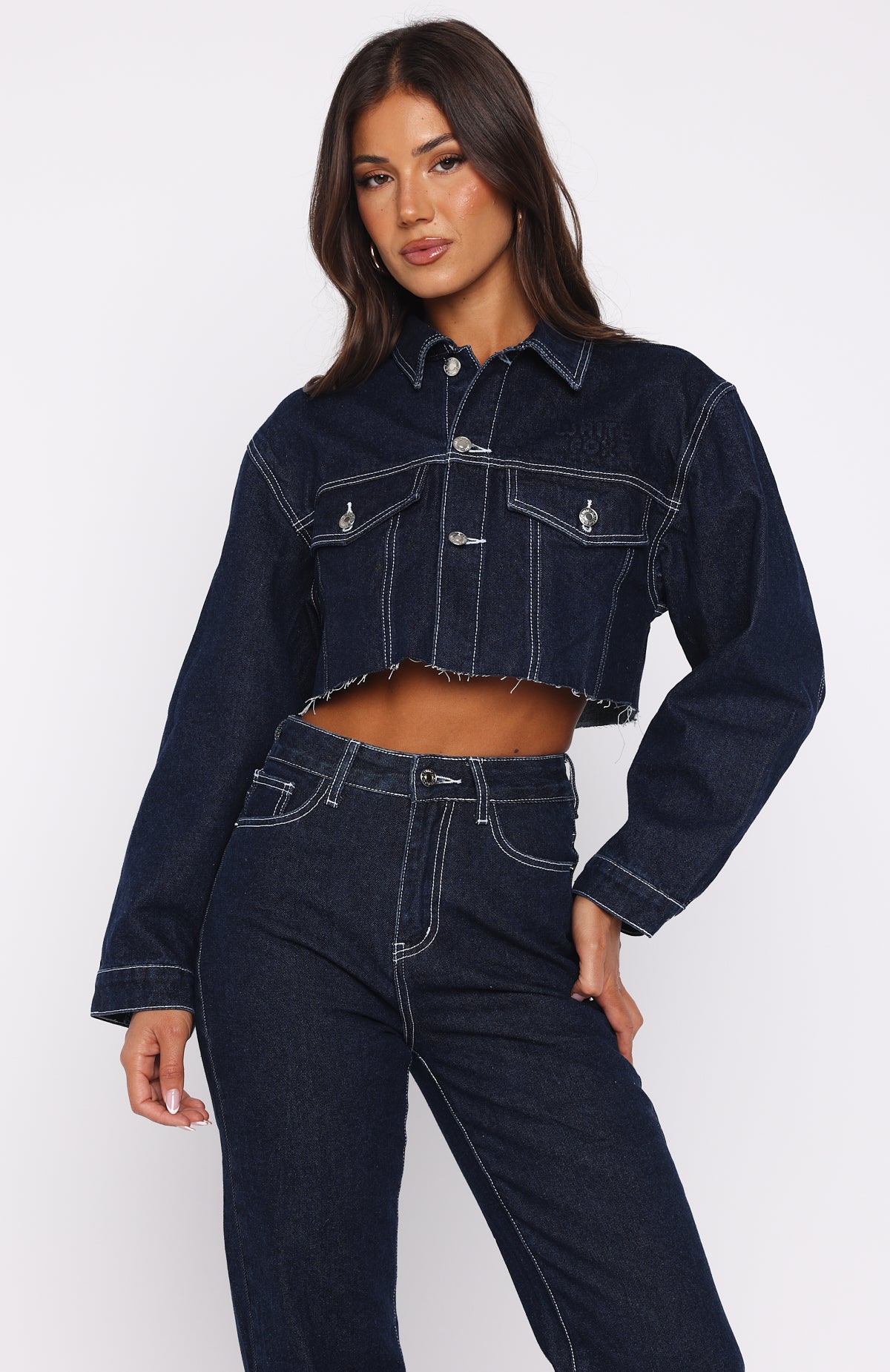 Something To Prove Cropped Denim Jacket Dark Indigo | White Fox