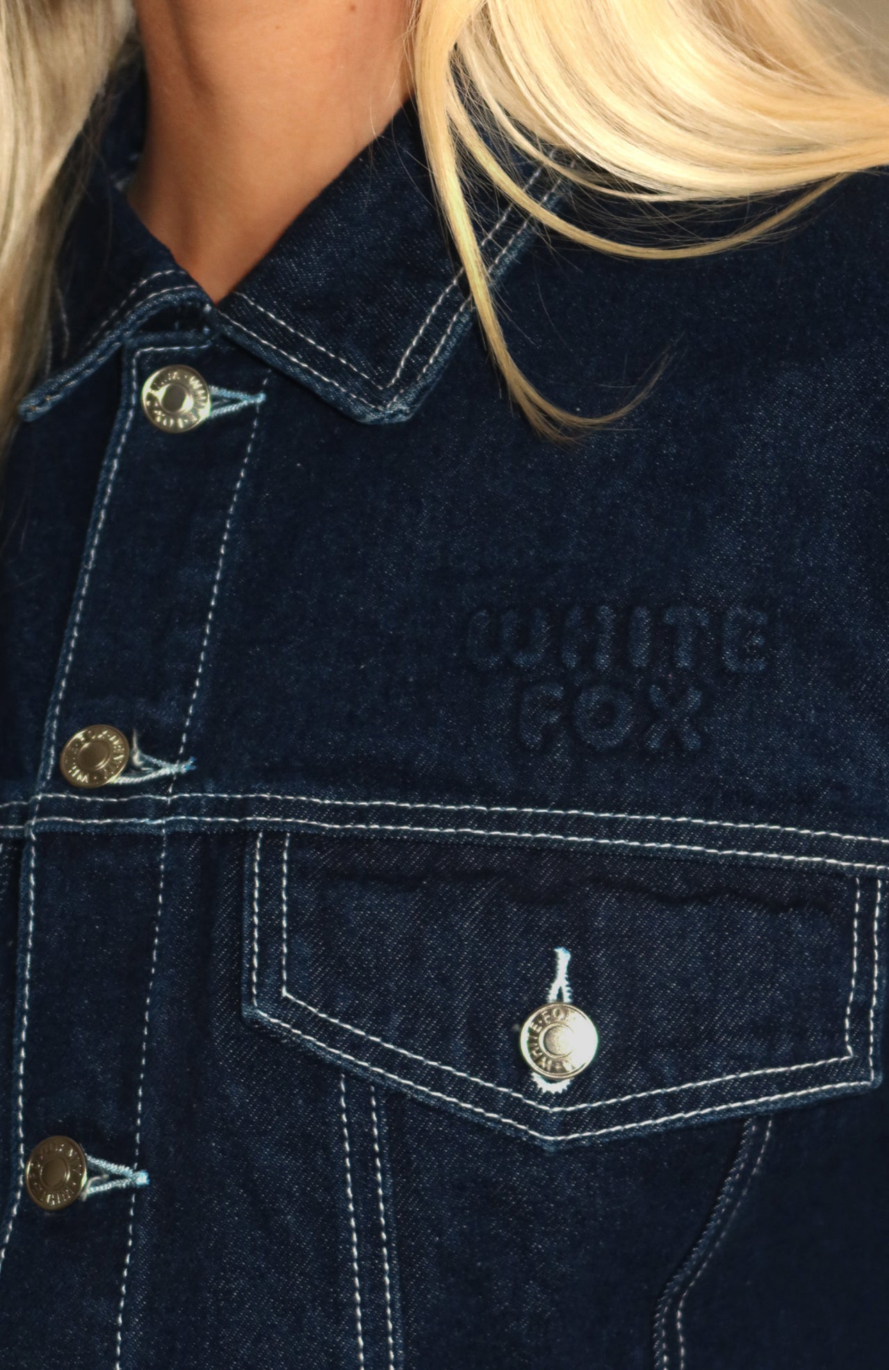 Something To Prove Cropped Denim Jacket Dark Indigo | White Fox