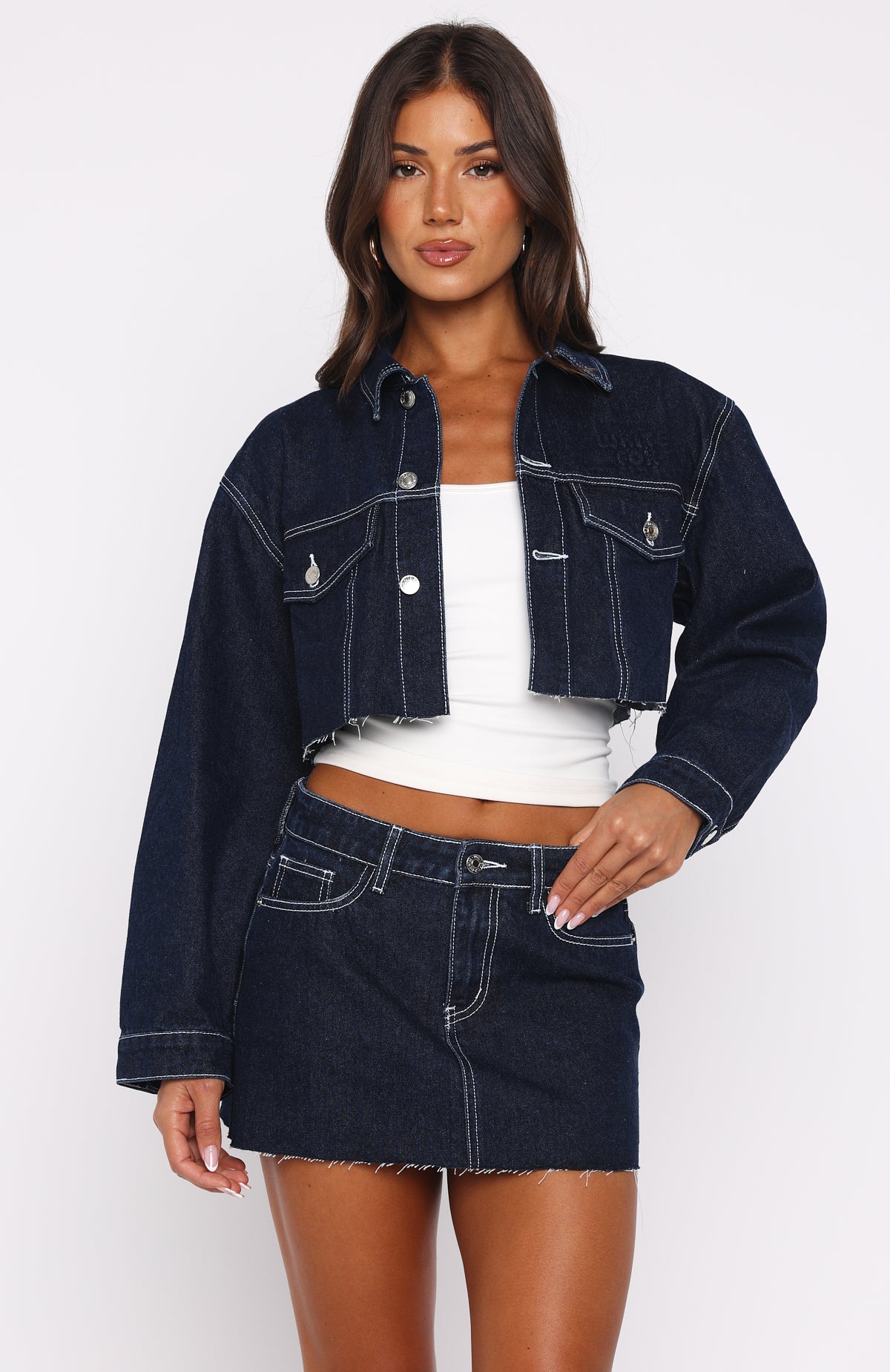 Something To Prove Denim Mini Skirt Dark Indigo | White Fox