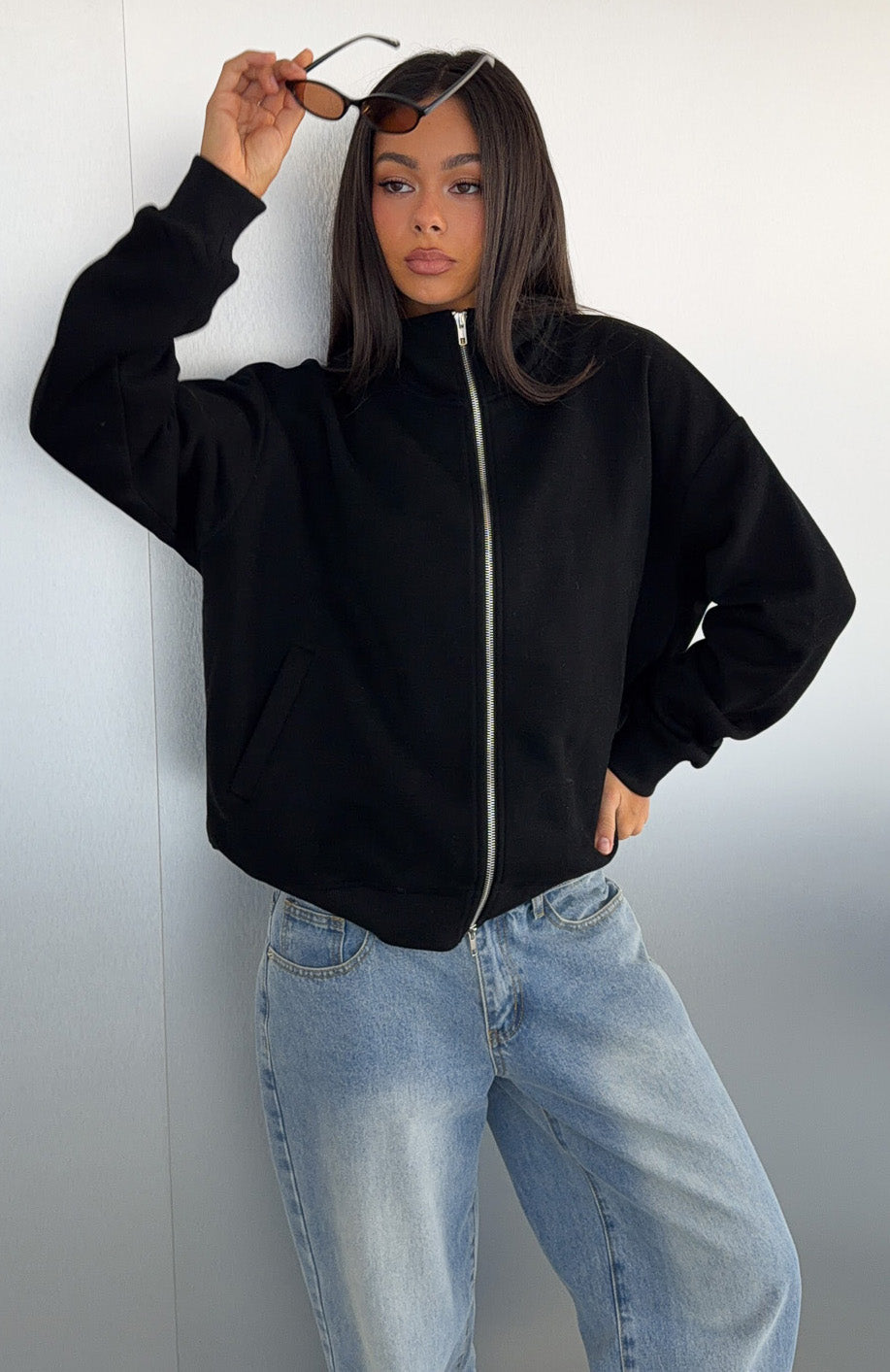 Such A Dream Oversized Zip Front Funnel Neck Jacket Black | White