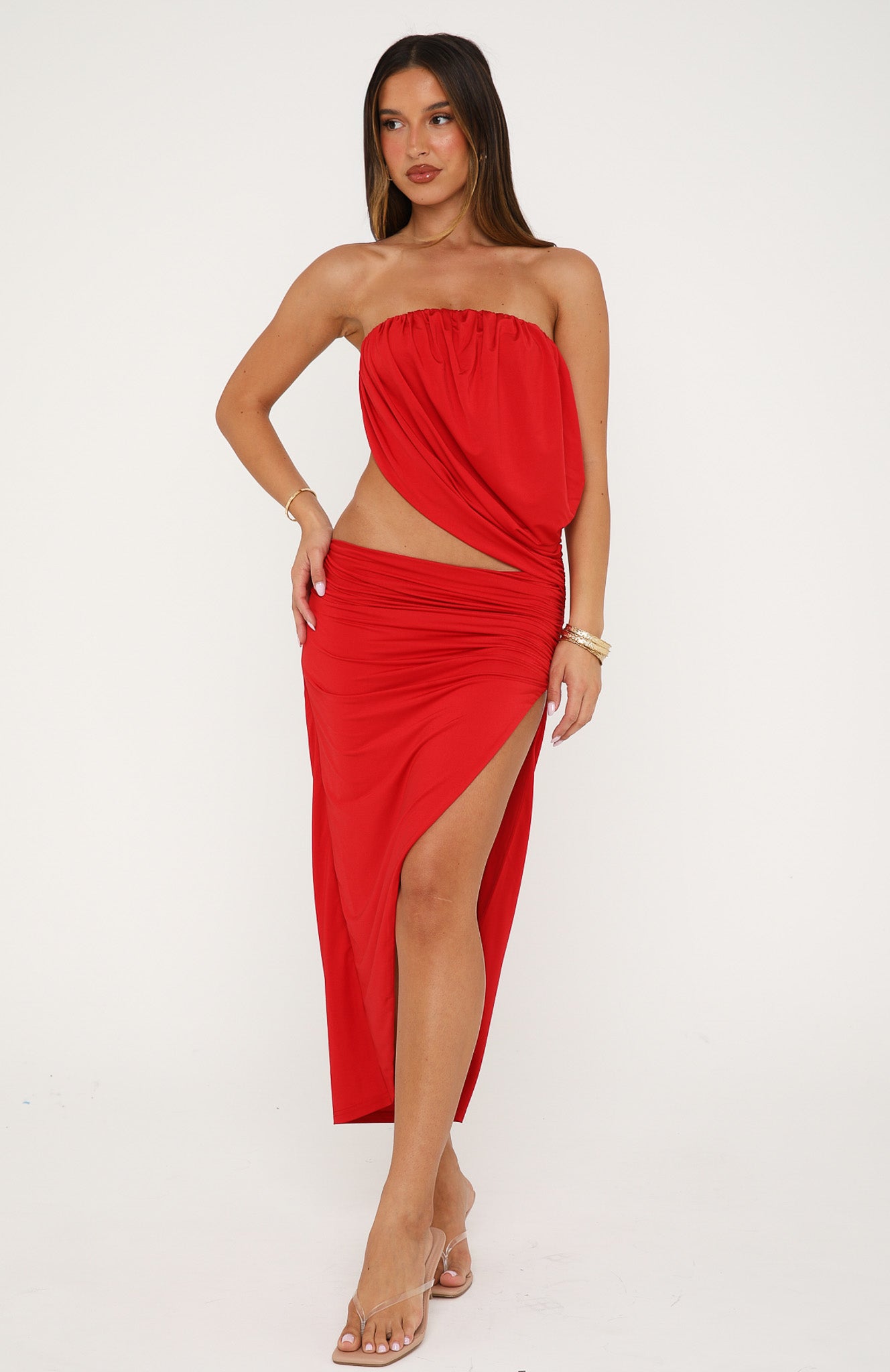 red strapless dress midi Strapless Form Fitted Midi Dress, Lava Medium