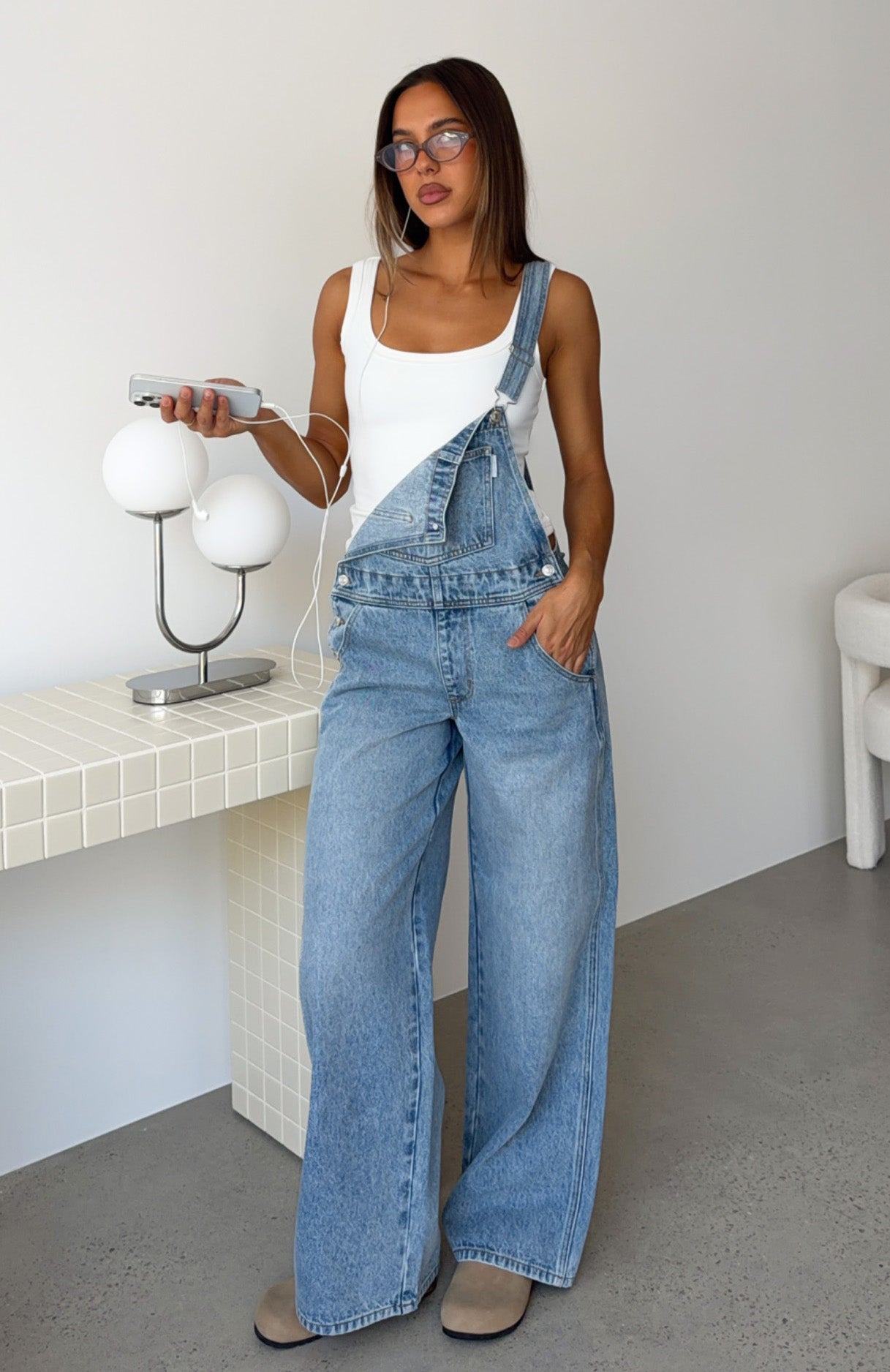 This Isn't Working Denim Overall Jumpsuit Vintage Ice Blue | White