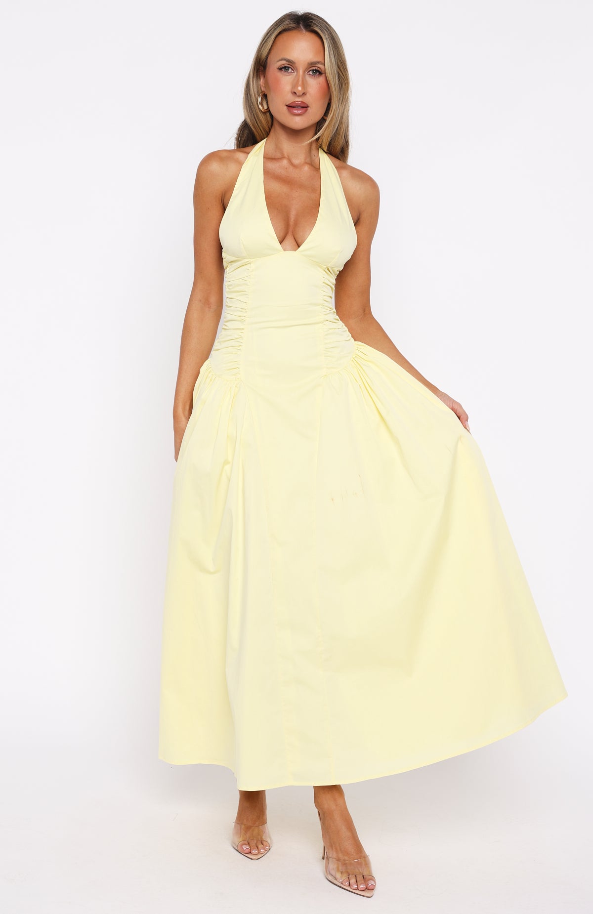 Tinsel Trouble Halter Midi Dress Lemon | White Fox Boutique US Tinsel Trouble Halter Midi Dress Lemon | White Fox Boutique US