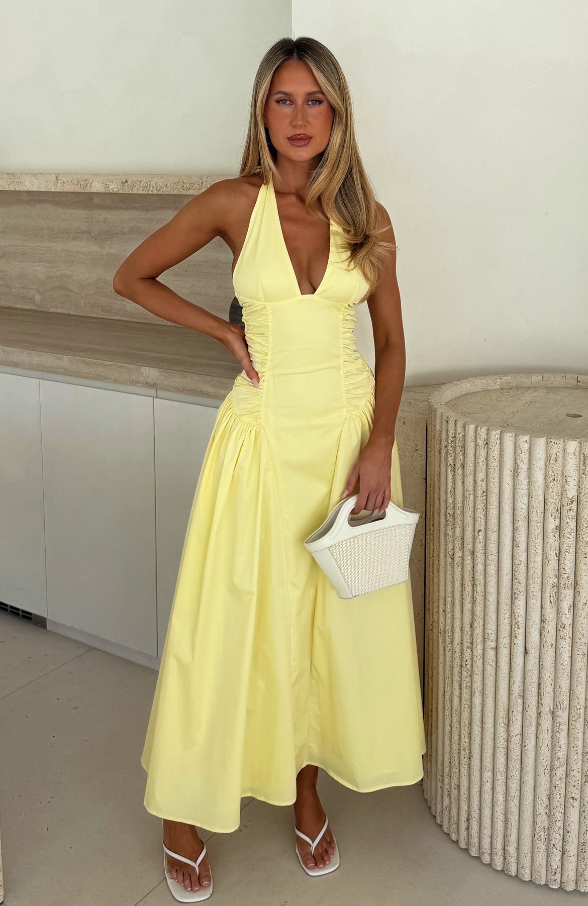 Tinsel Trouble Halter Midi Dress Lemon Tinsel Trouble Halter Midi Dress Lemon