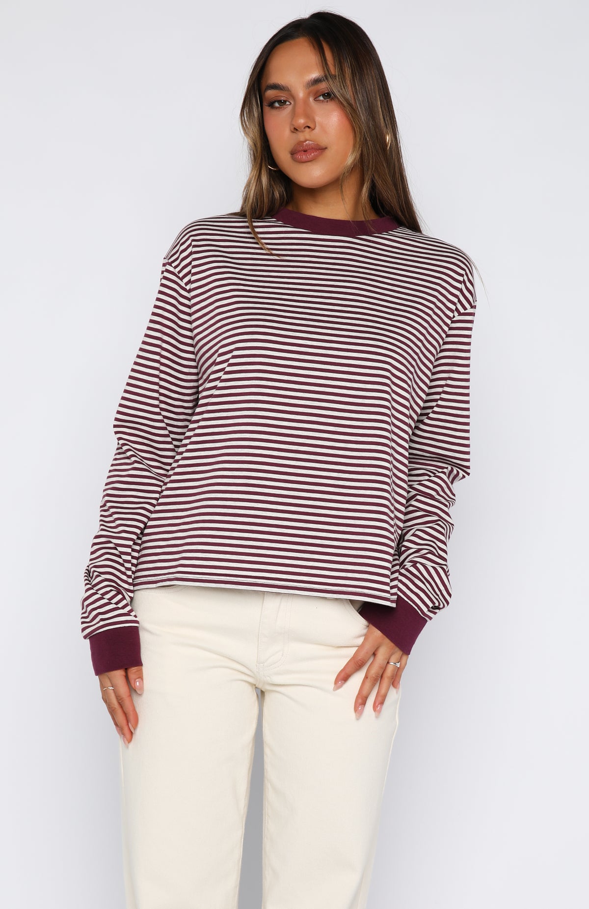 Touchdown Long Sleeve Tee Plum Stripe | White Fox Boutique US