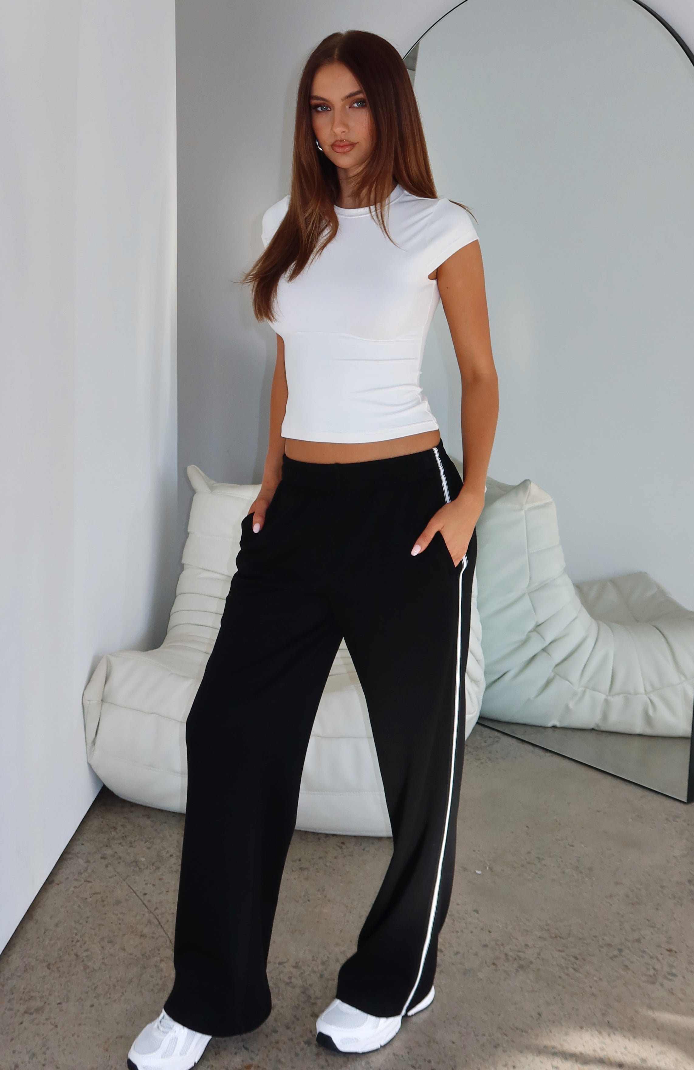 Travel Era Track Pants Black | White Fox Boutique US