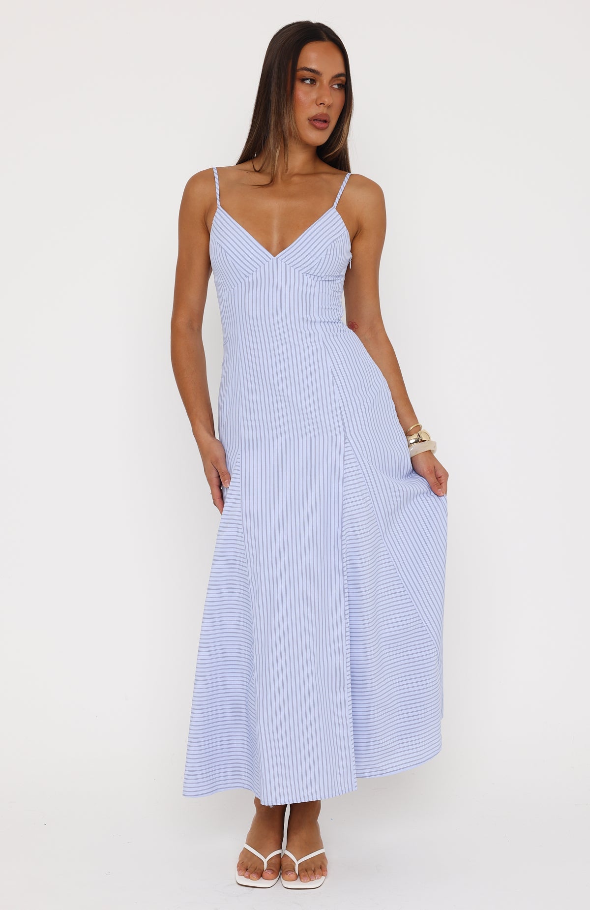striped maxi dress blue white Azure Coast Chevron Stripe Flounce Stripe / Medium it offers a flattering fit that smooths the bodice Empire-Waist Tiered Maxi Dress in