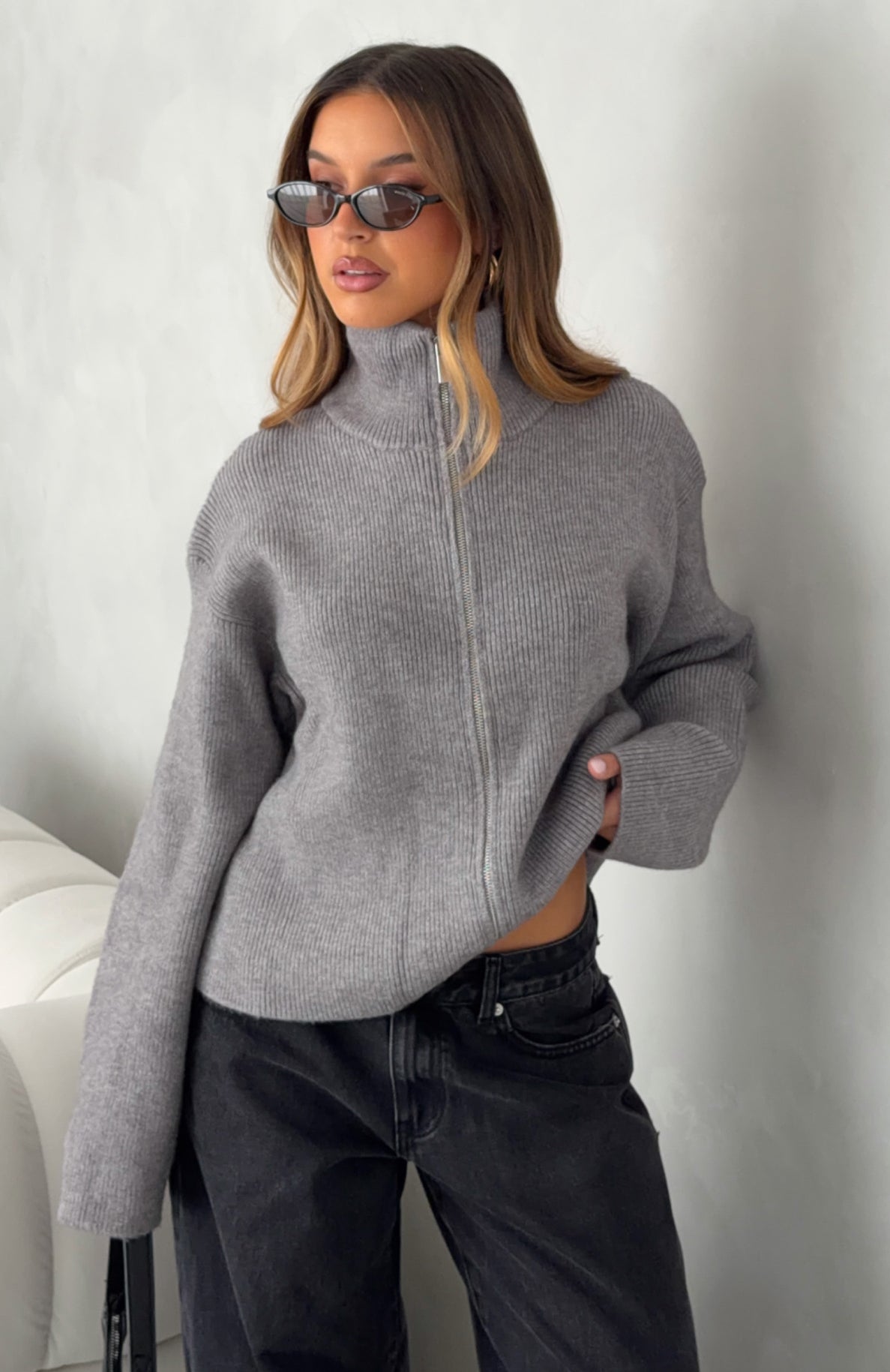 Violetta Zip Knit Cardigan Smokey Grey | White Fox Boutique US