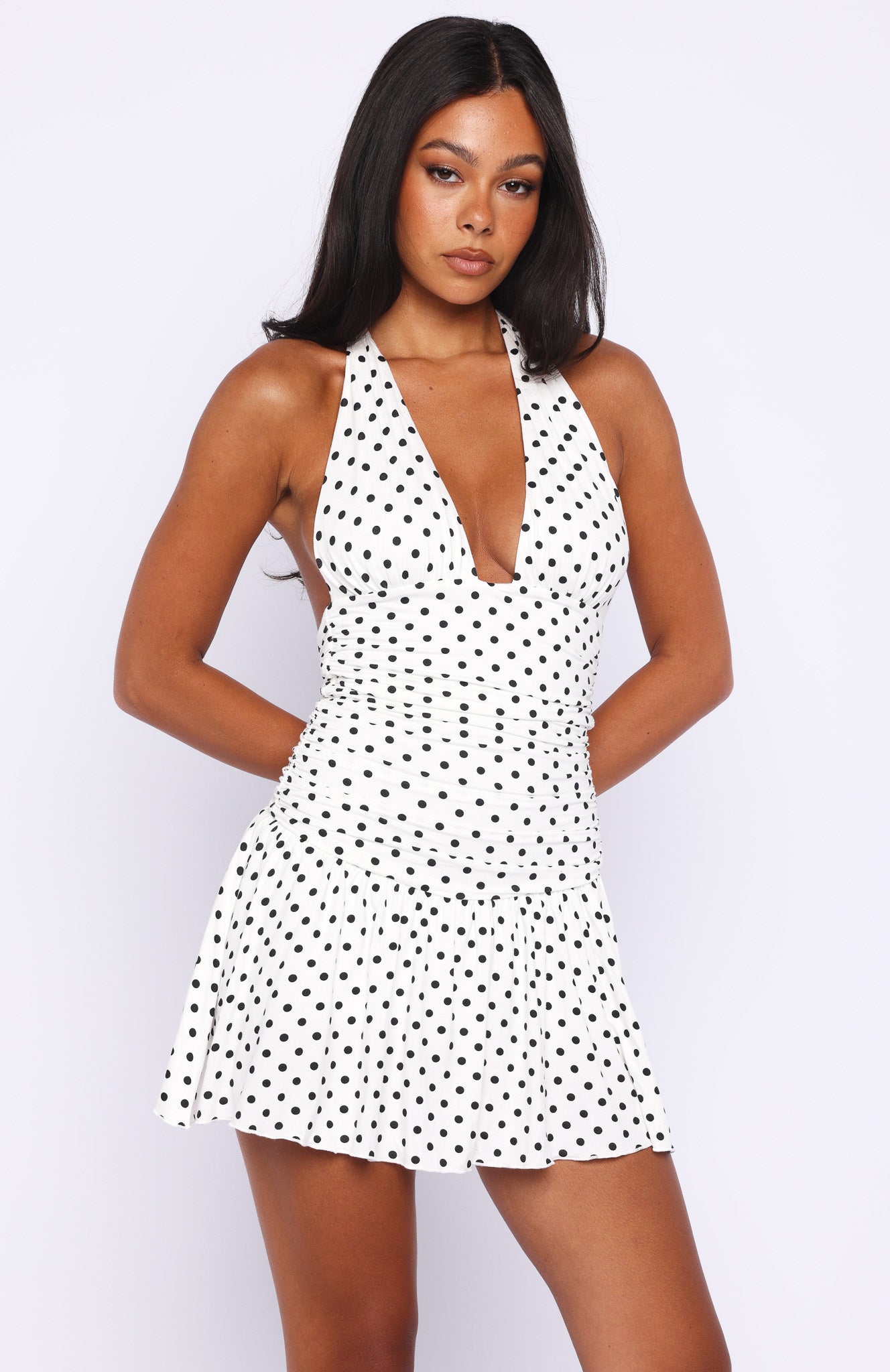 Whispered Dreams Halter Mini Dress White/Black Polka Dot | White