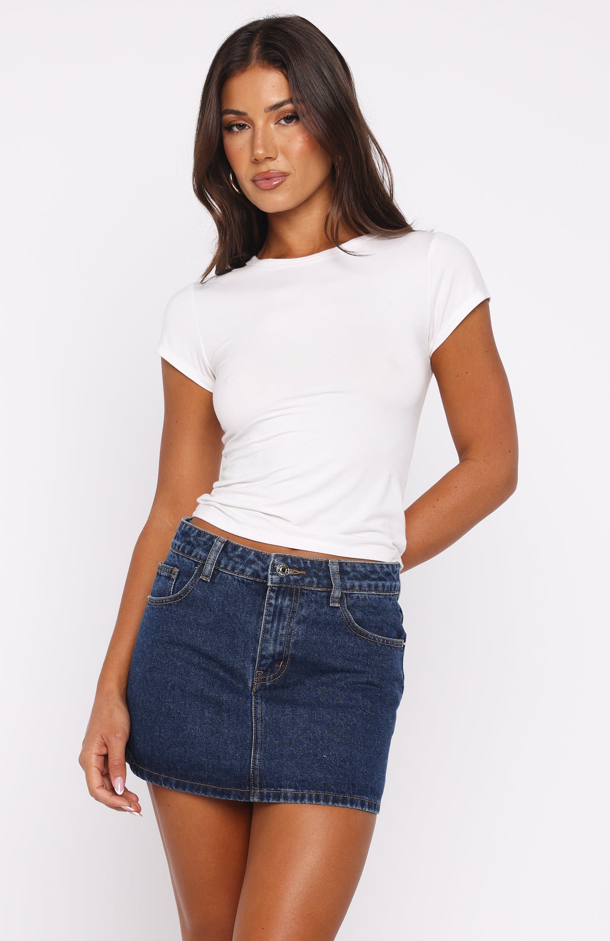Won't Stop Searching Denim Mini Skirt Dark Blue Wash | White Fox