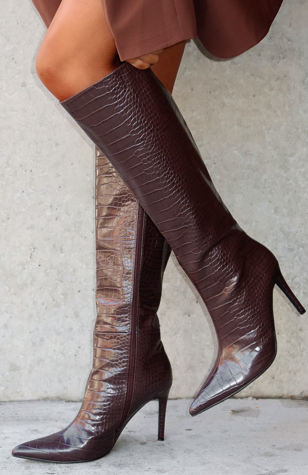 Ziggy Knee High Boots Chocolate Croc | White Fox Boutique US