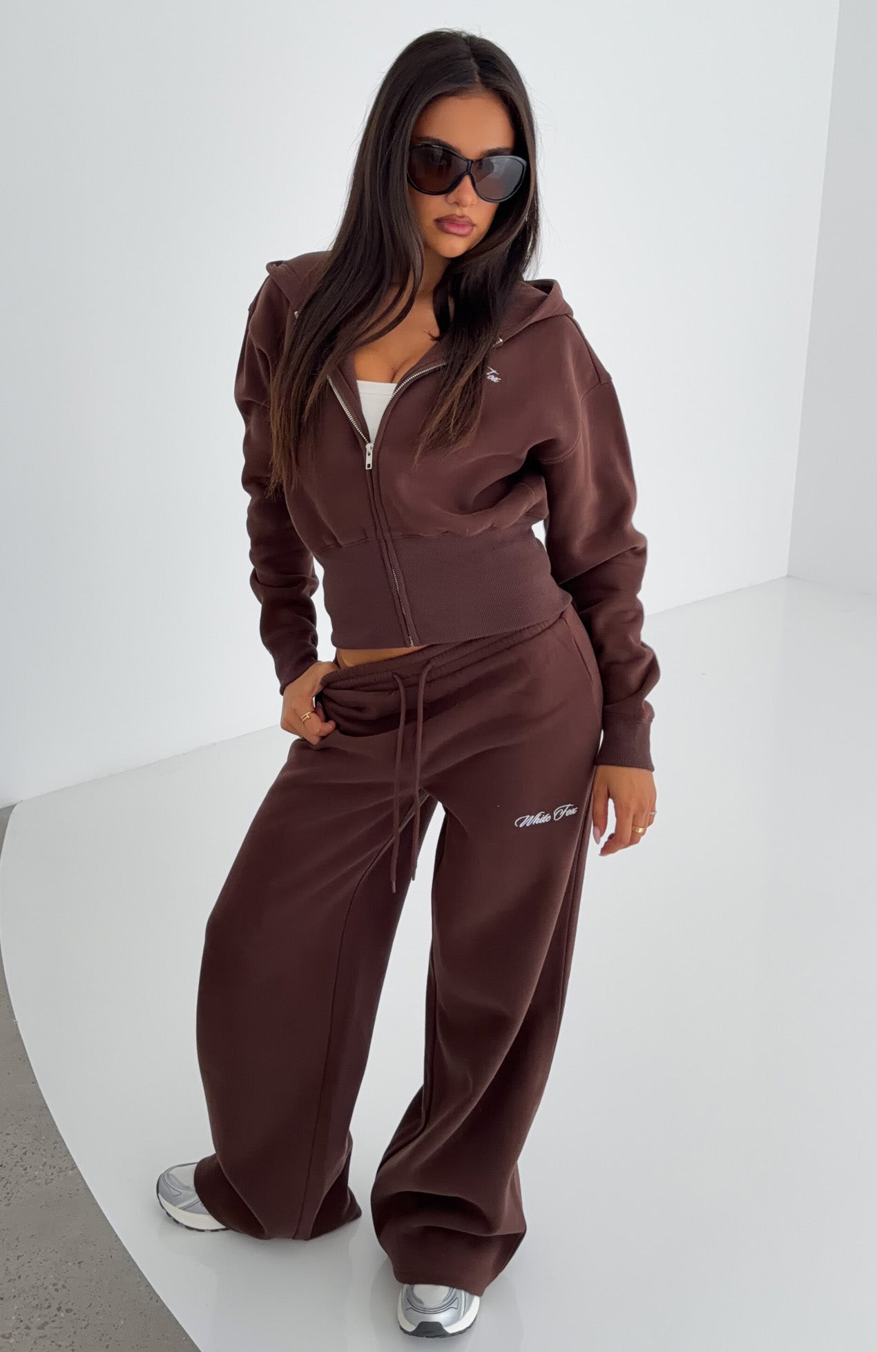 Wishing For It Cropped Cinched Zip Front Hoodie Chocolate | White