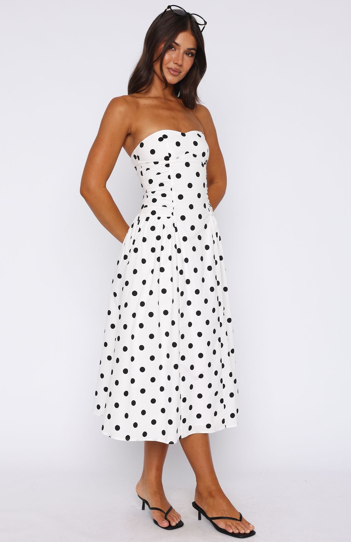 Rich In Love Strapless Midi Dress White/Black Polka Dot Rich In Love Strapless Midi Dress White/Black Polka Dot