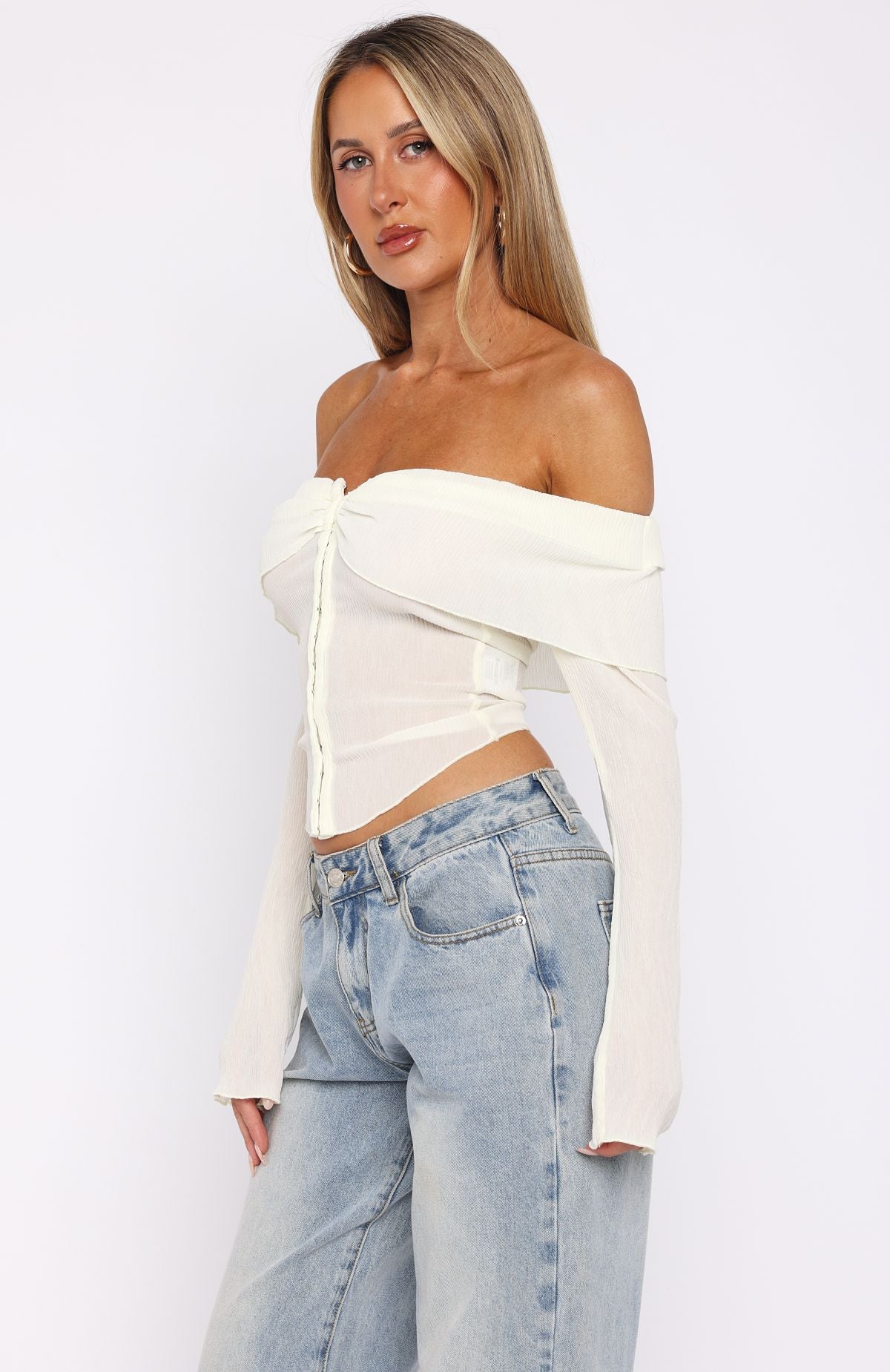 Mood Forever Long Sleeve Off Shoulder Top Cream | White Fox