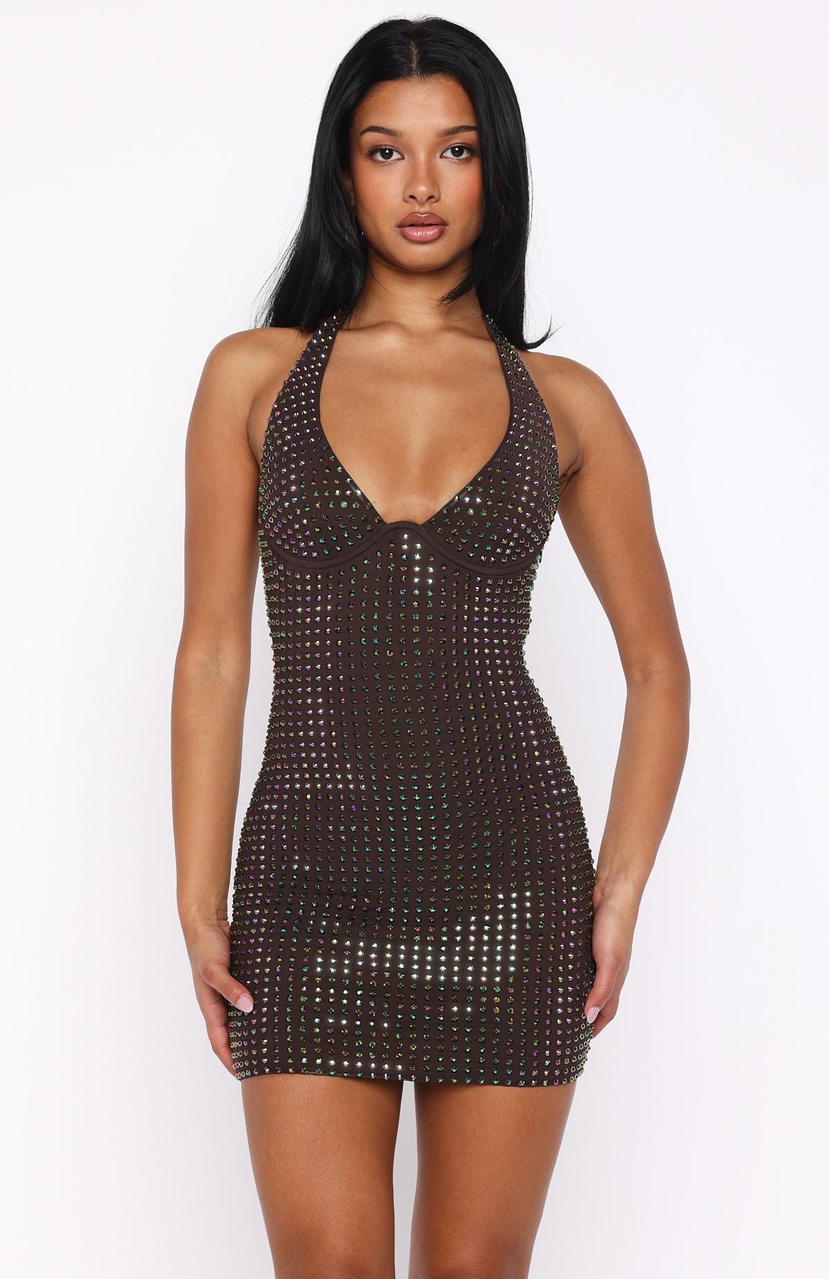 Full Of Love Embellished Mini Dress Chocolate | White Fox Boutique US