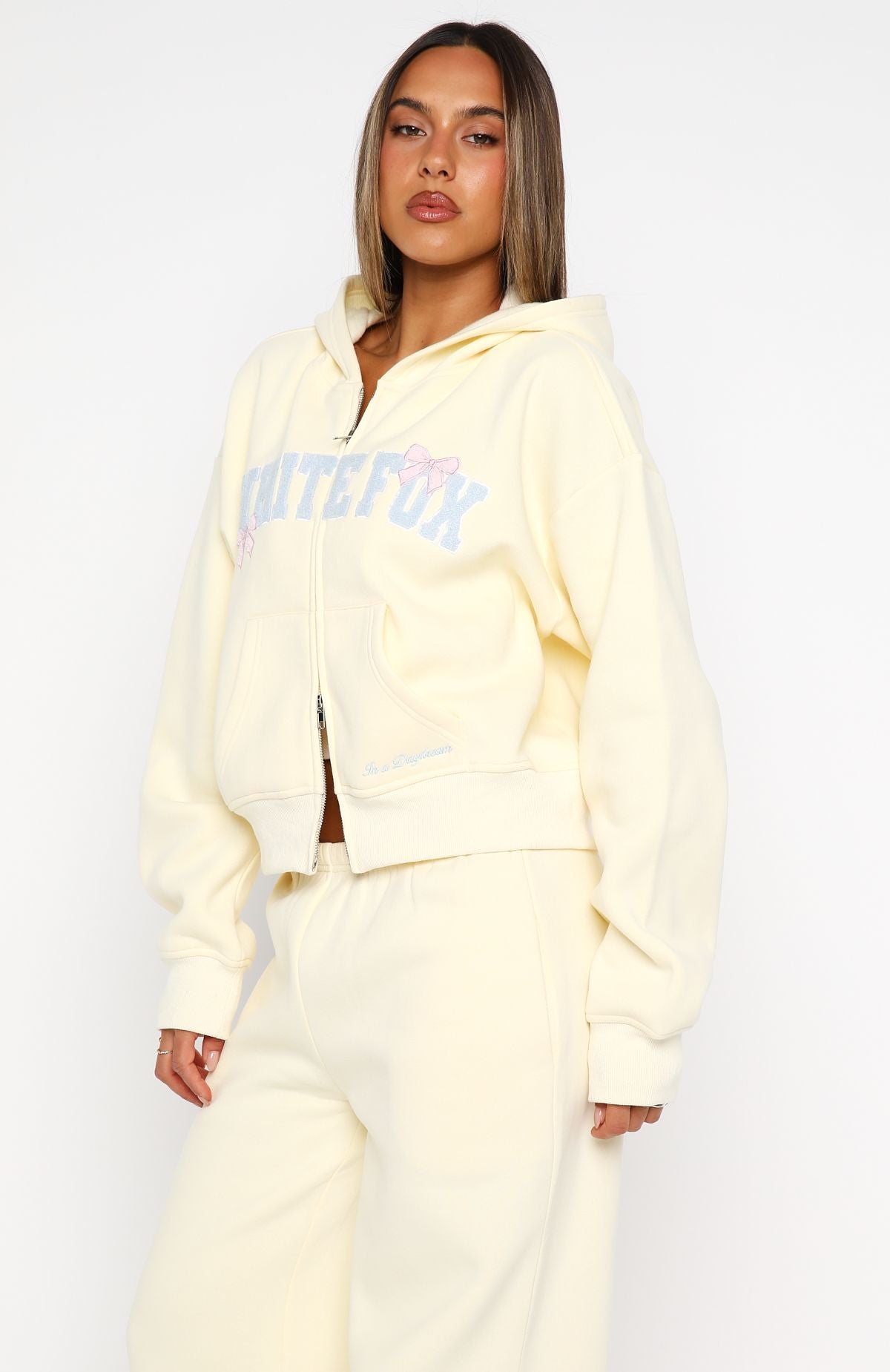 Daydreamers Madeline Boxy Zip Front Hoodie Lemon | White Fox