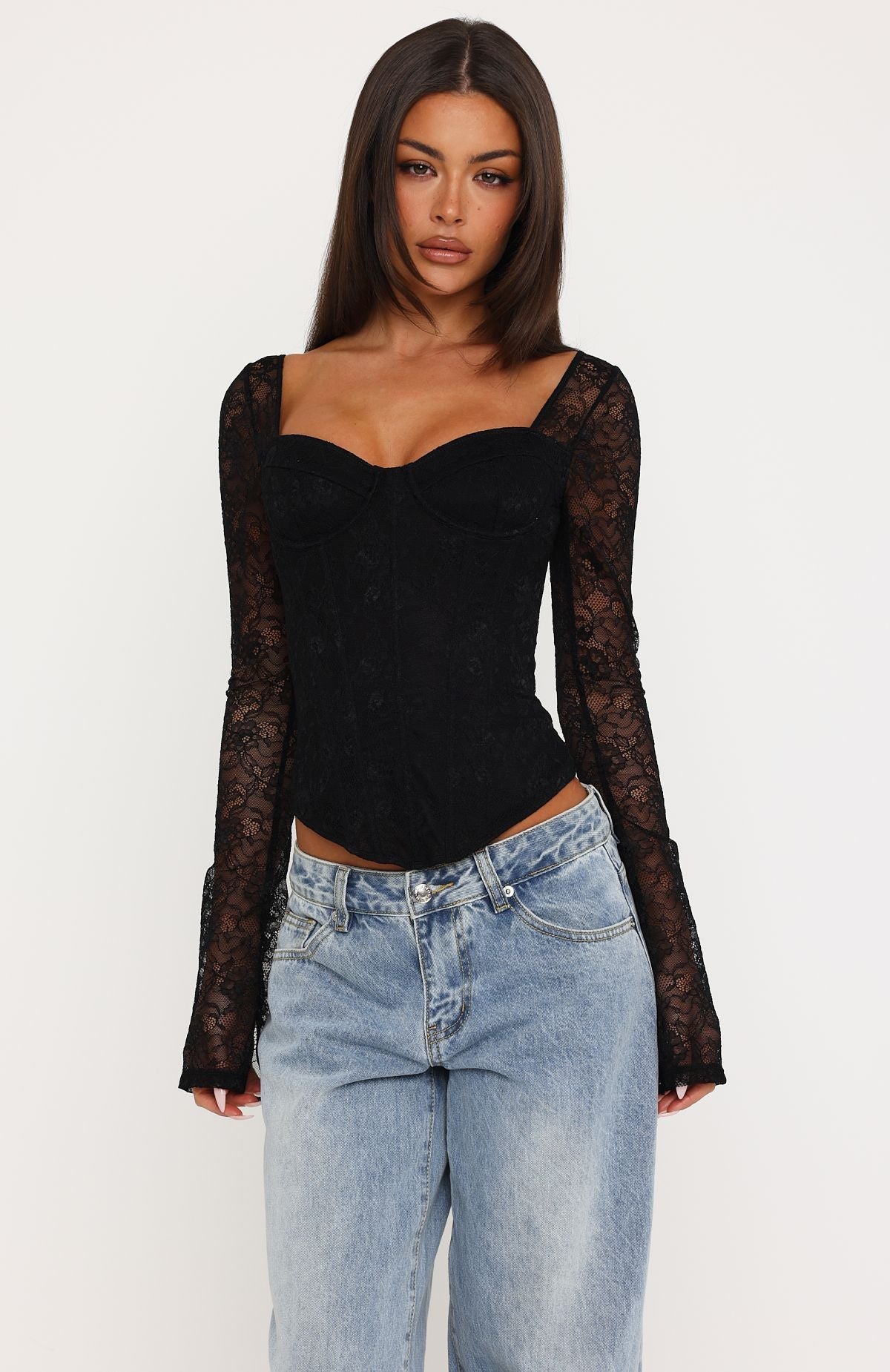 Midnight Rose Long Sleeve Lace Bustier Black | White Fox Boutique US