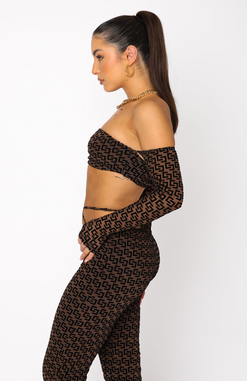 VAI21 wrap over crop top set in taupe with matching leggings