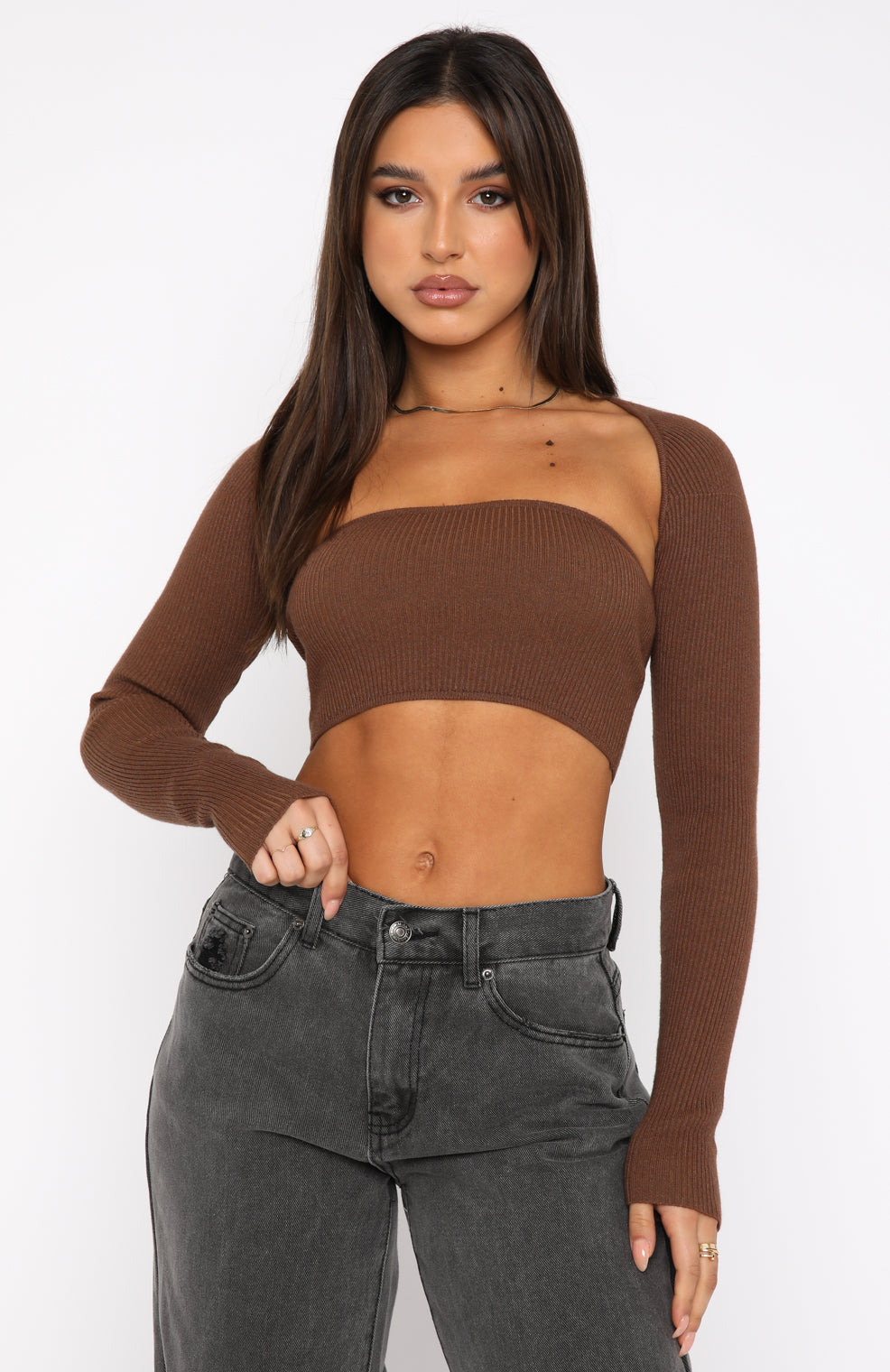 Chocolate Knitted Rib Plunge Strappy Crop Top - Carlee 10