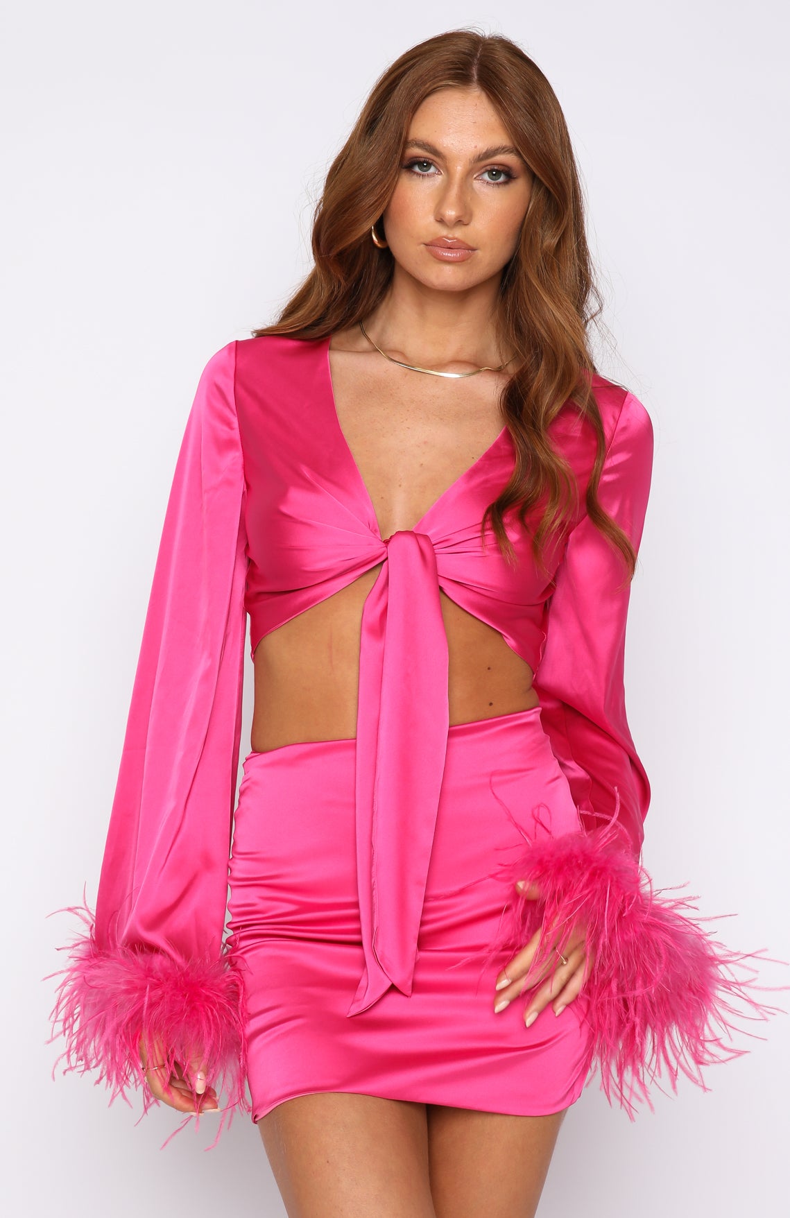 Hot pink satin asymmetric tie detail skirt sale