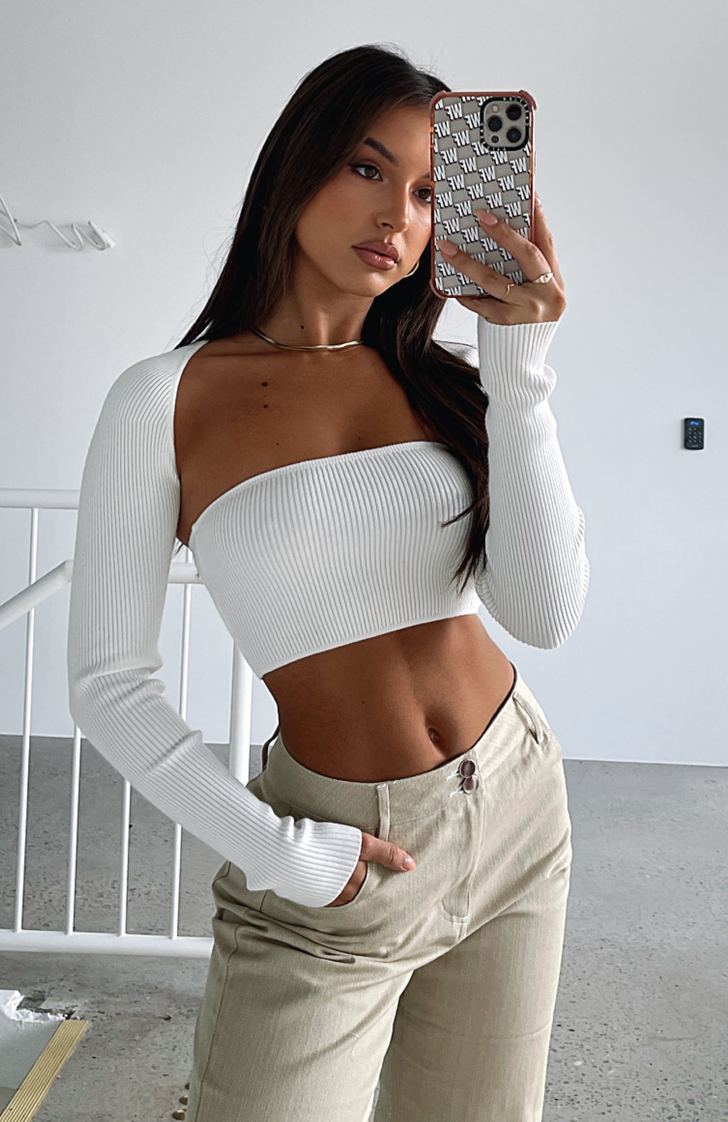 You Ribbed Knit Long Sleeve Crop White White Fox USA